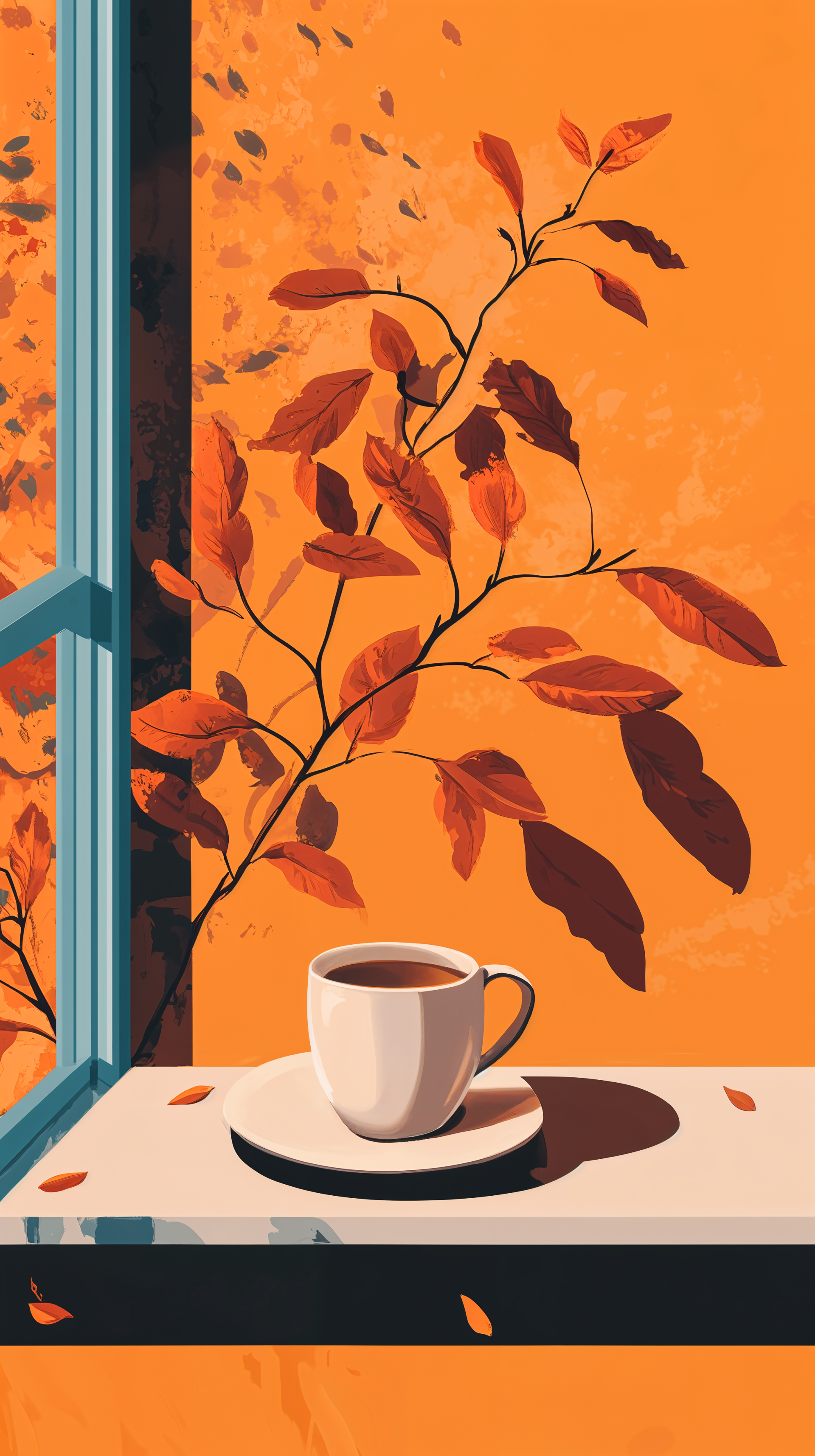 Phone wallpaper featuring a cozy autumn aesthetic with a cup of coffee on a windowsill, framed by orange leaves and warm sunlight through an open window.