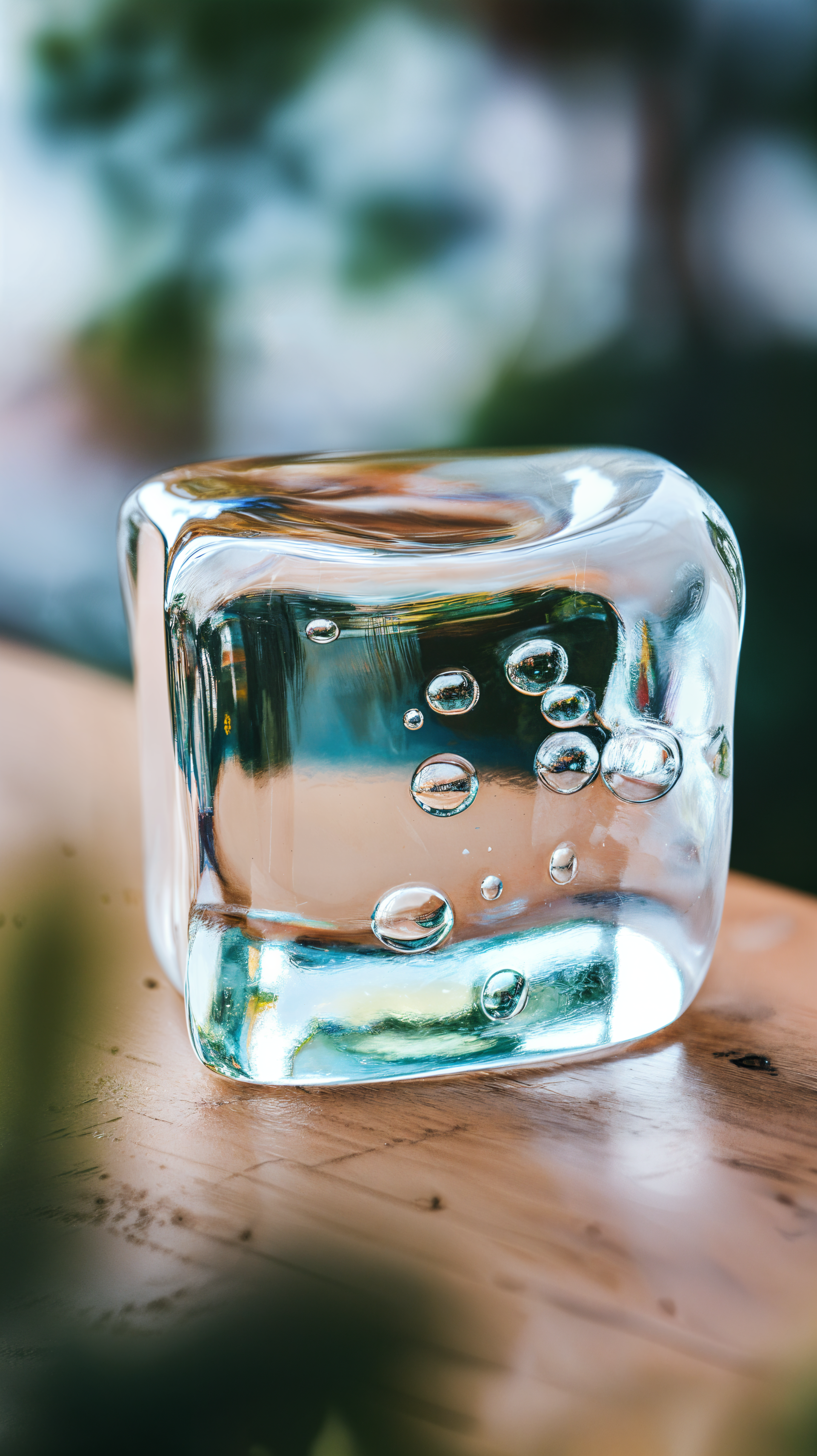 A close-up of a clear ice cube with bubbles suspended inside, resting on a wooden surface. This captivating image serves as a serene phone wallpaper.