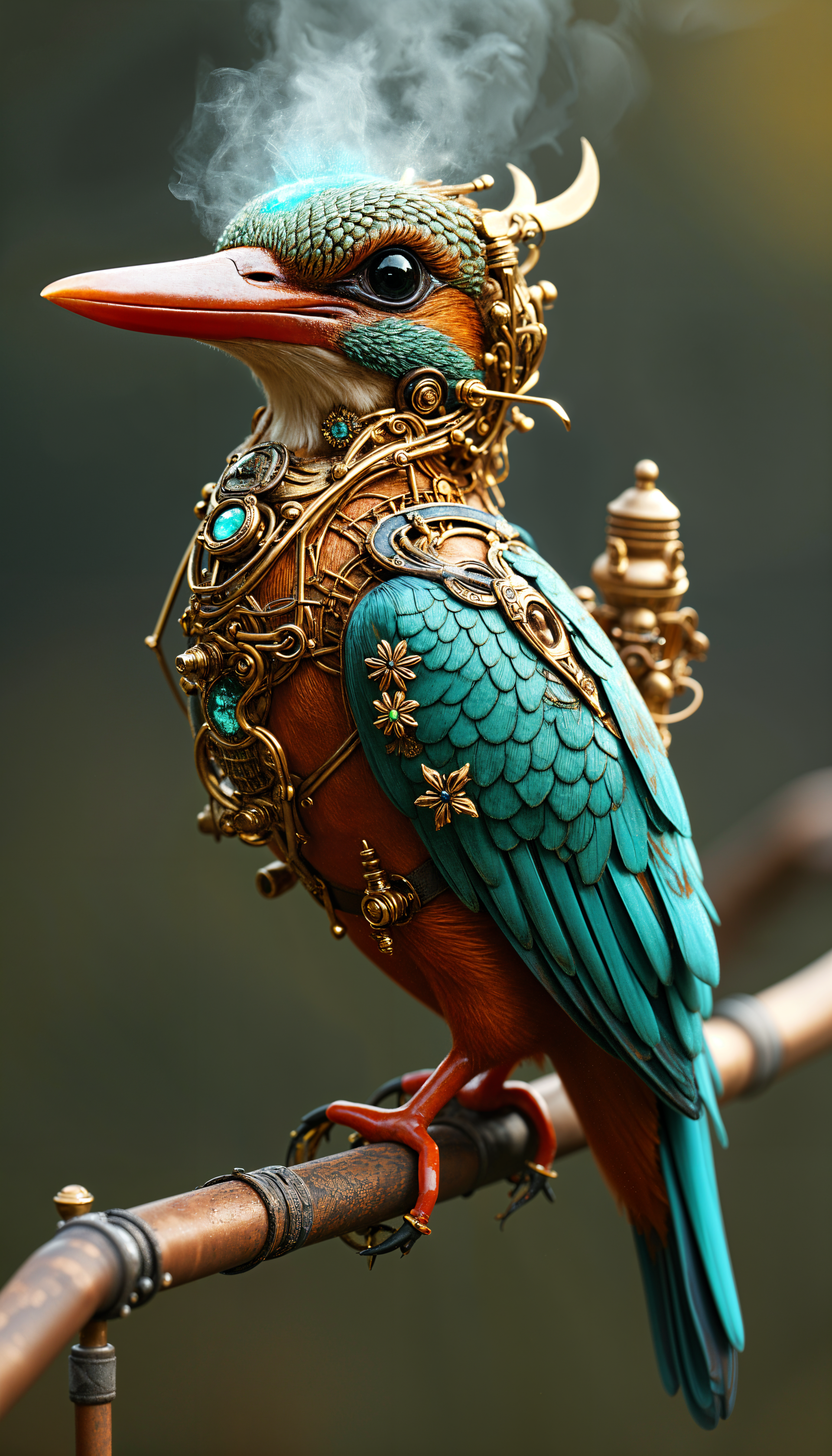 A detailed steampunk kingfisher with ornate jewelry and mechanical elements perches on a branch, exuding a rich fantasy vibe against a blurred natural background.