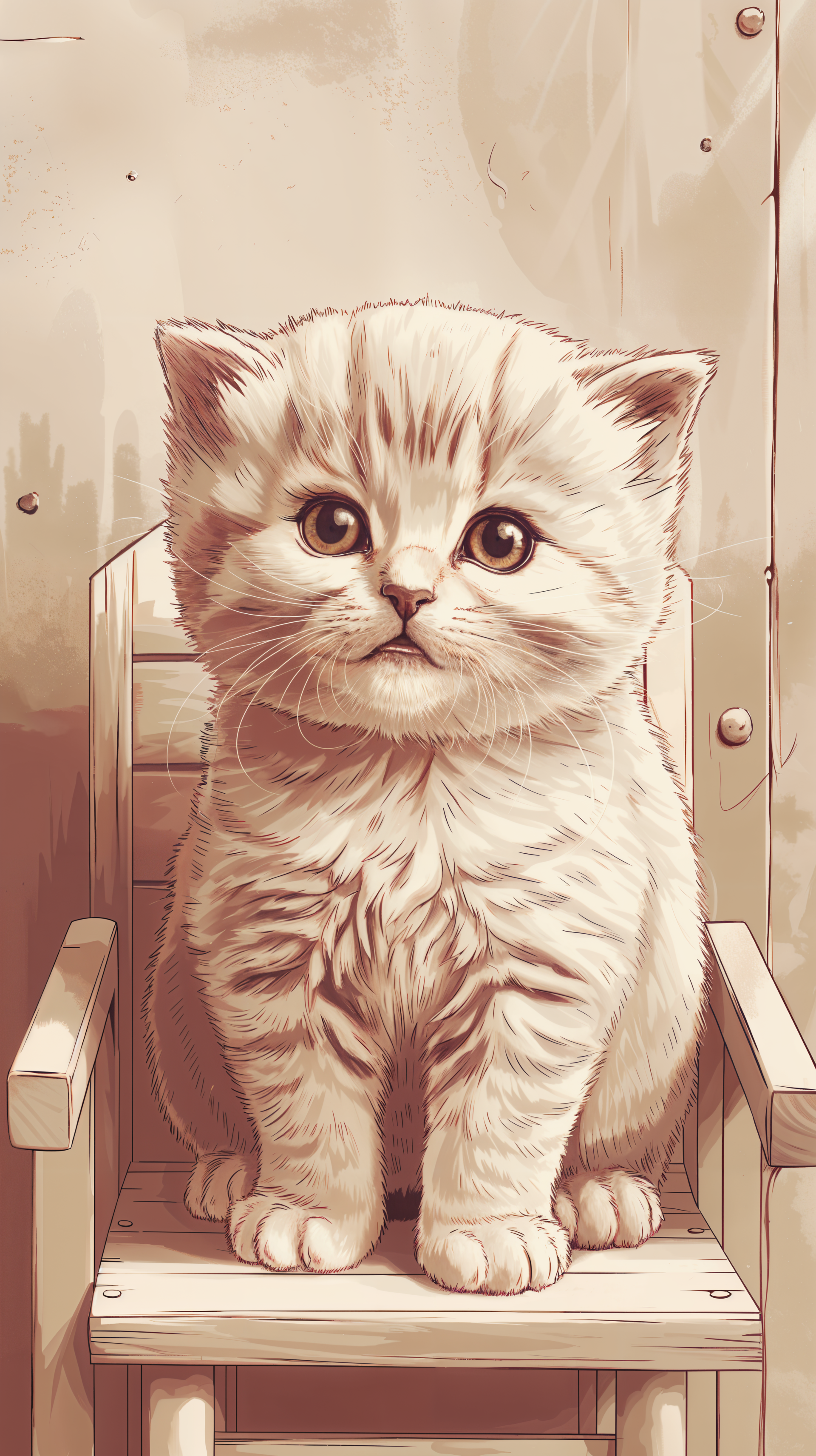 Illustration of a cute kitten with large eyes sitting on a wooden chair, designed as a phone wallpaper for iPhone and Android devices.