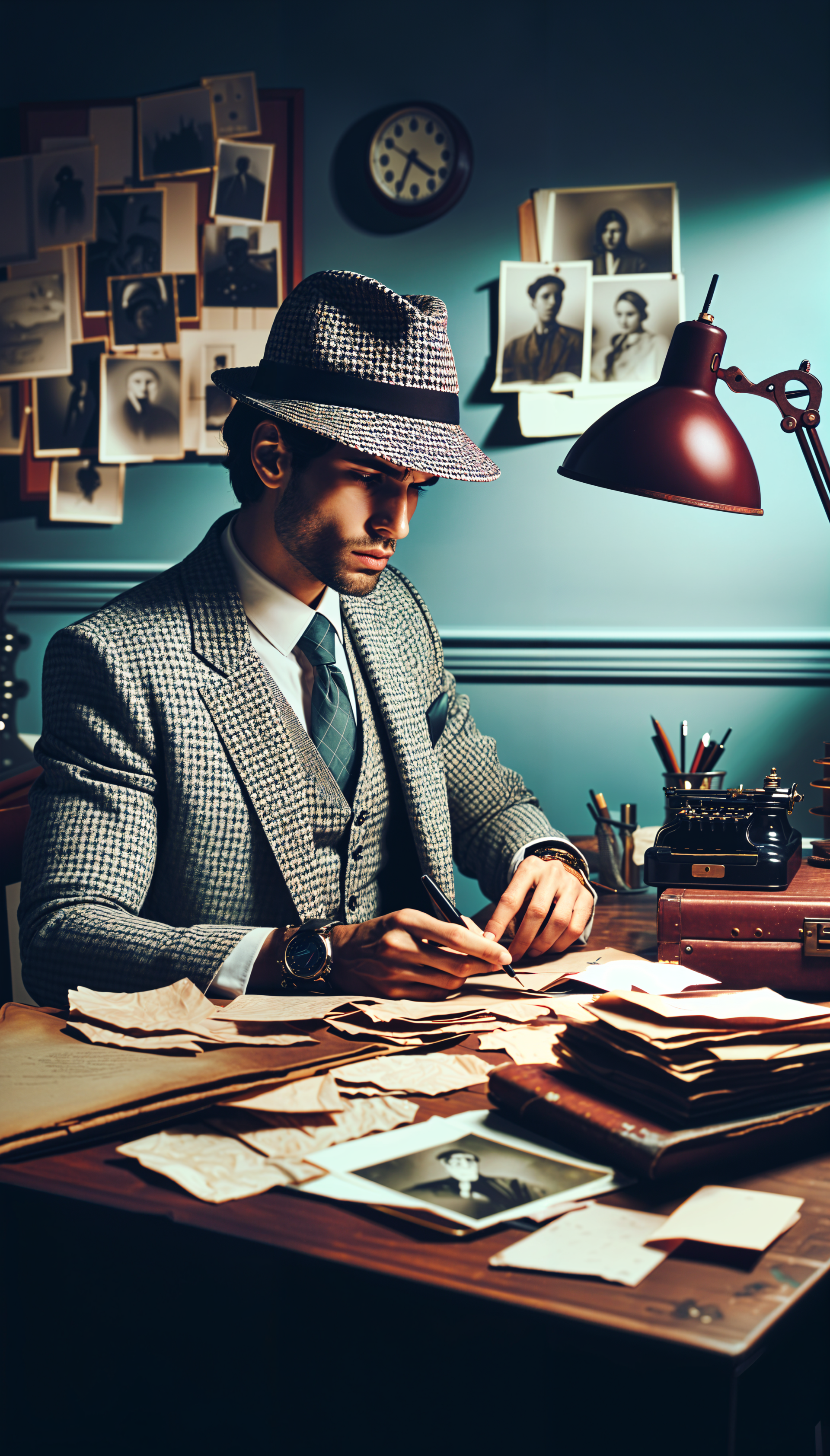 A detective, dressed in a stylish suit and hat, is focused on examining documents at a cluttered desk surrounded by old photographs, creating a classic mystery atmosphere.