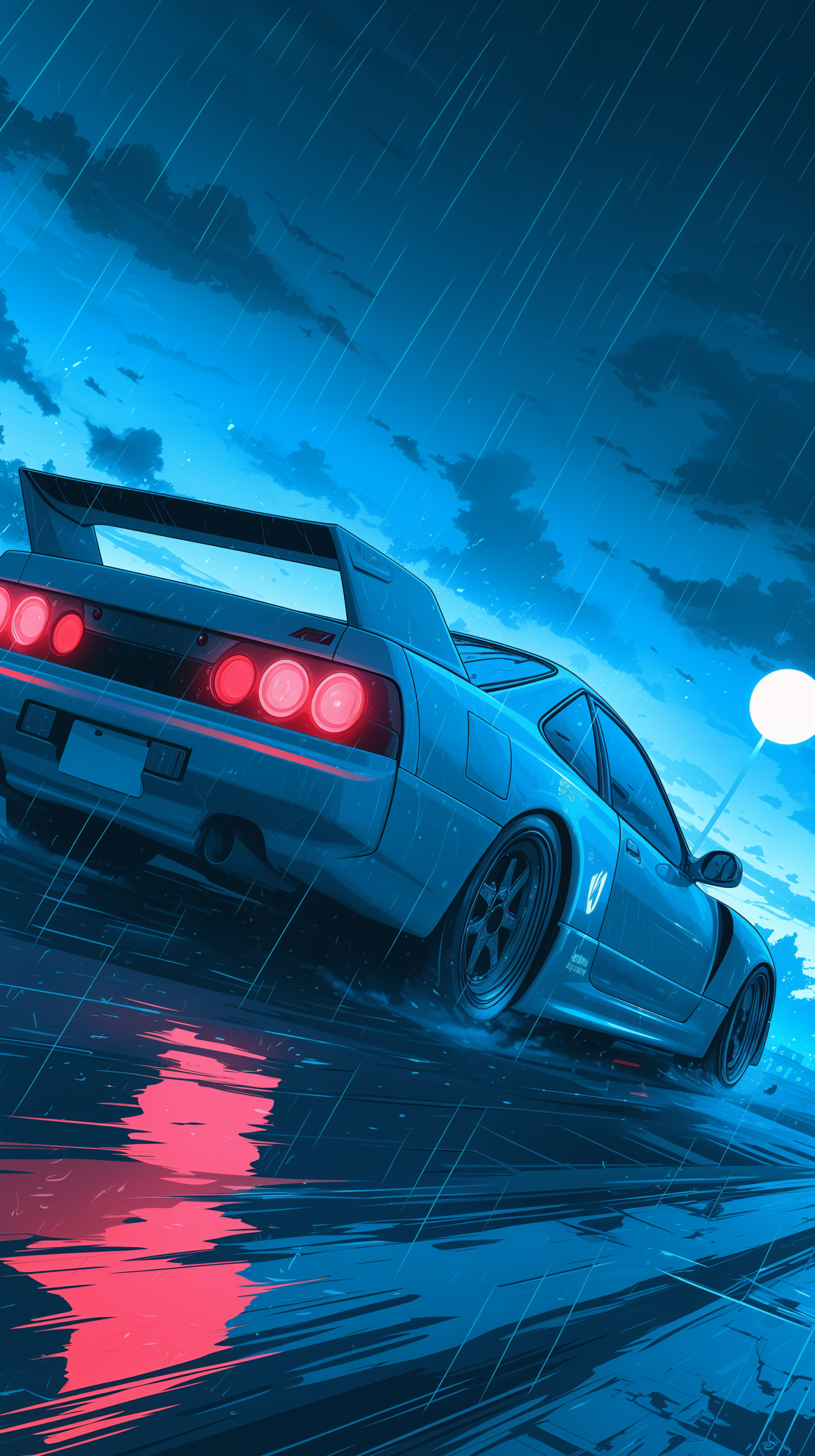 Digital art of a JDM car with glowing red taillights driving through rain under a dark, cloudy night sky, shown as a phone wallpaper for iPhone and Android.