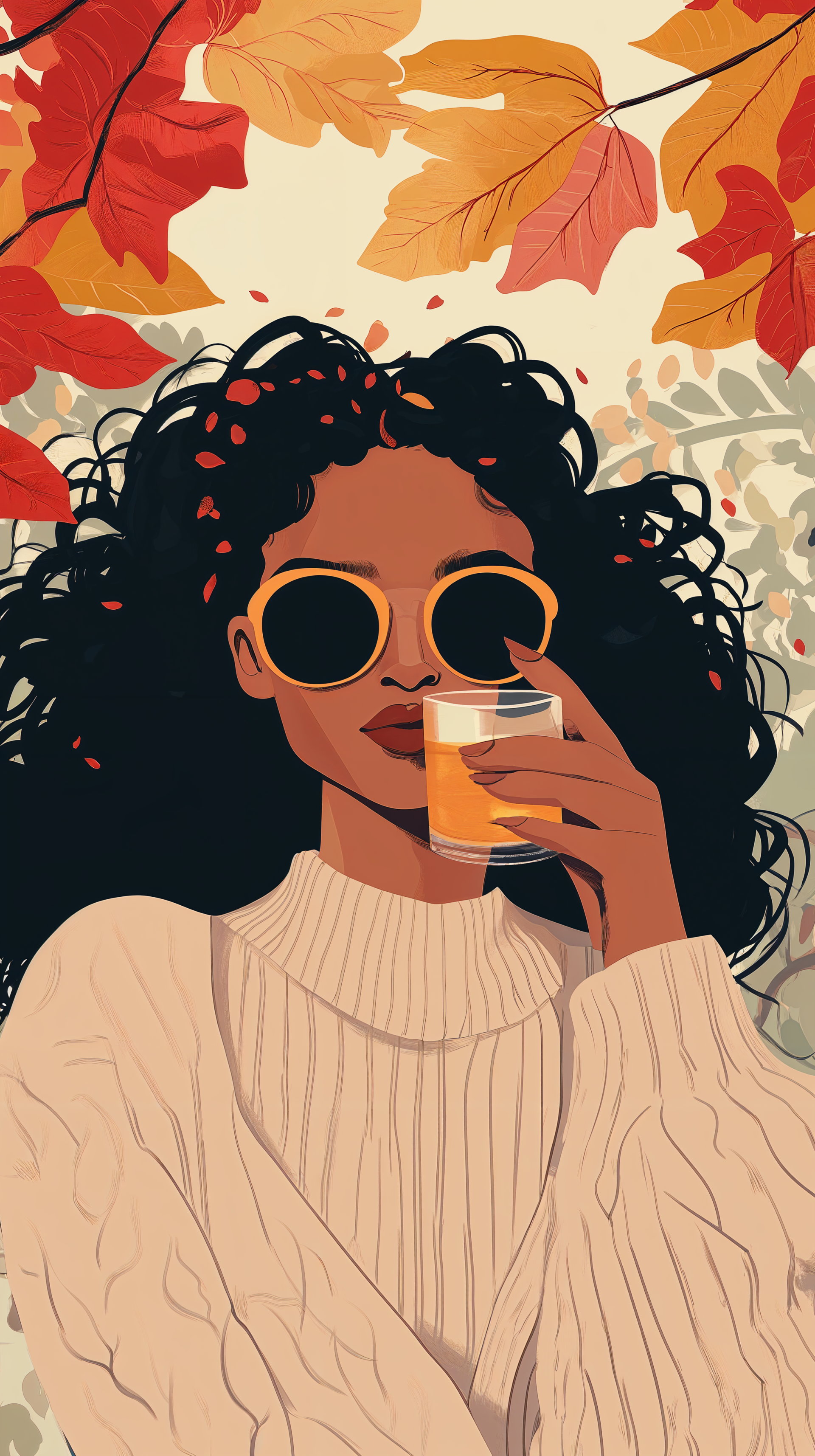 A cozy autumn aesthetic featuring a woman with curly hair in a chunky sweater, sipping a drink amidst vibrant fall leaves. This image makes a warm and inviting phone wallpaper.