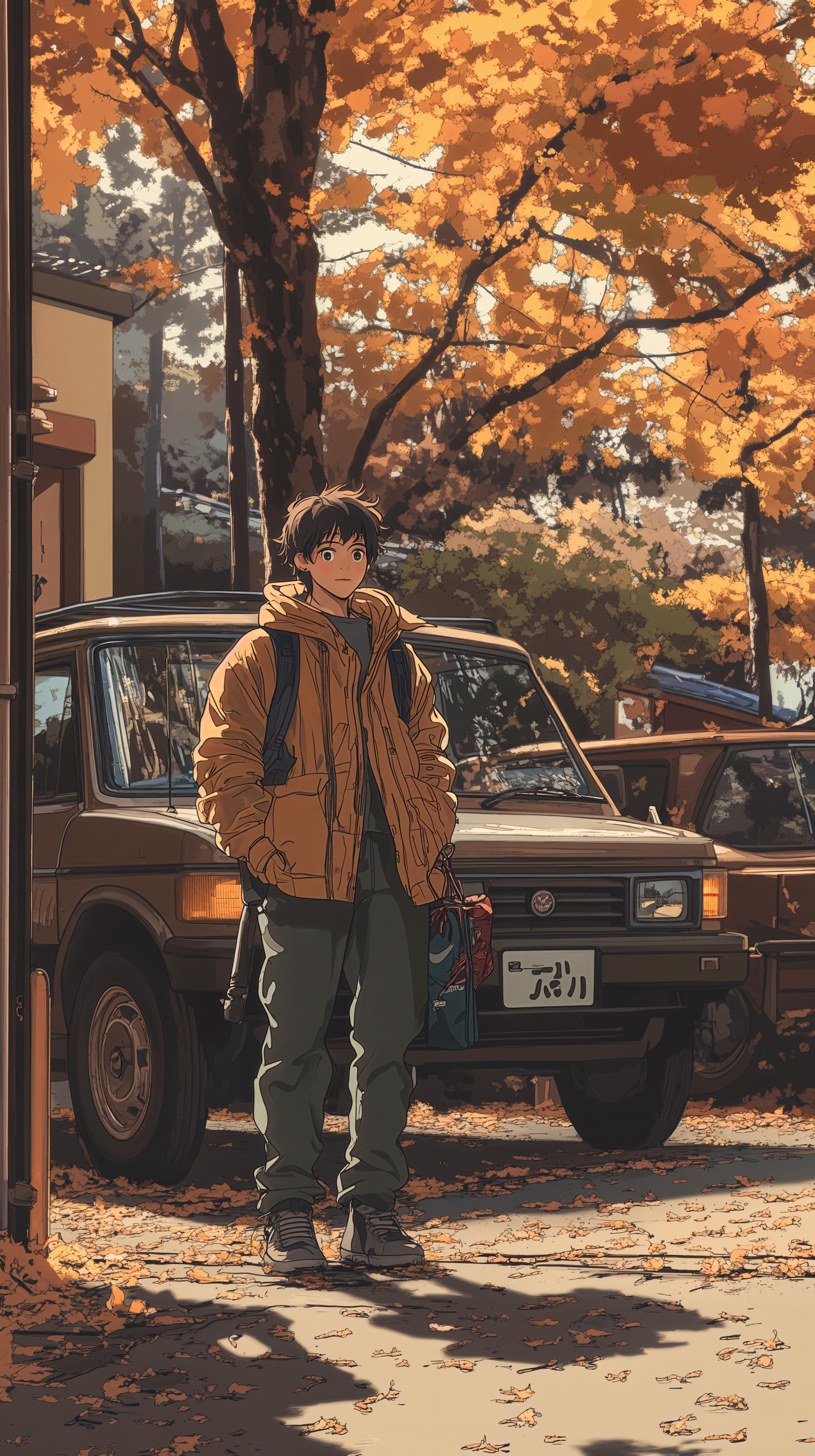 Anime boy in a cozy autumn setting, standing beside a vintage car amidst vibrant fall foliage. A warm and inviting aesthetic for a phone wallpaper.