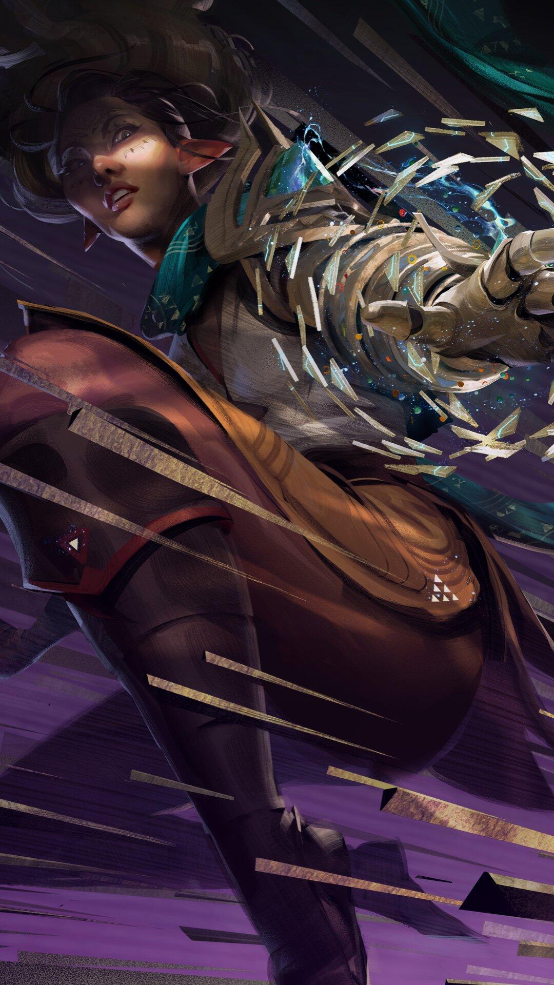 A dynamic wallpaper featuring a wizard from the video game Dragon Age: The Veilguard, showcasing a powerful spellcasting pose amidst swirling magical shards.