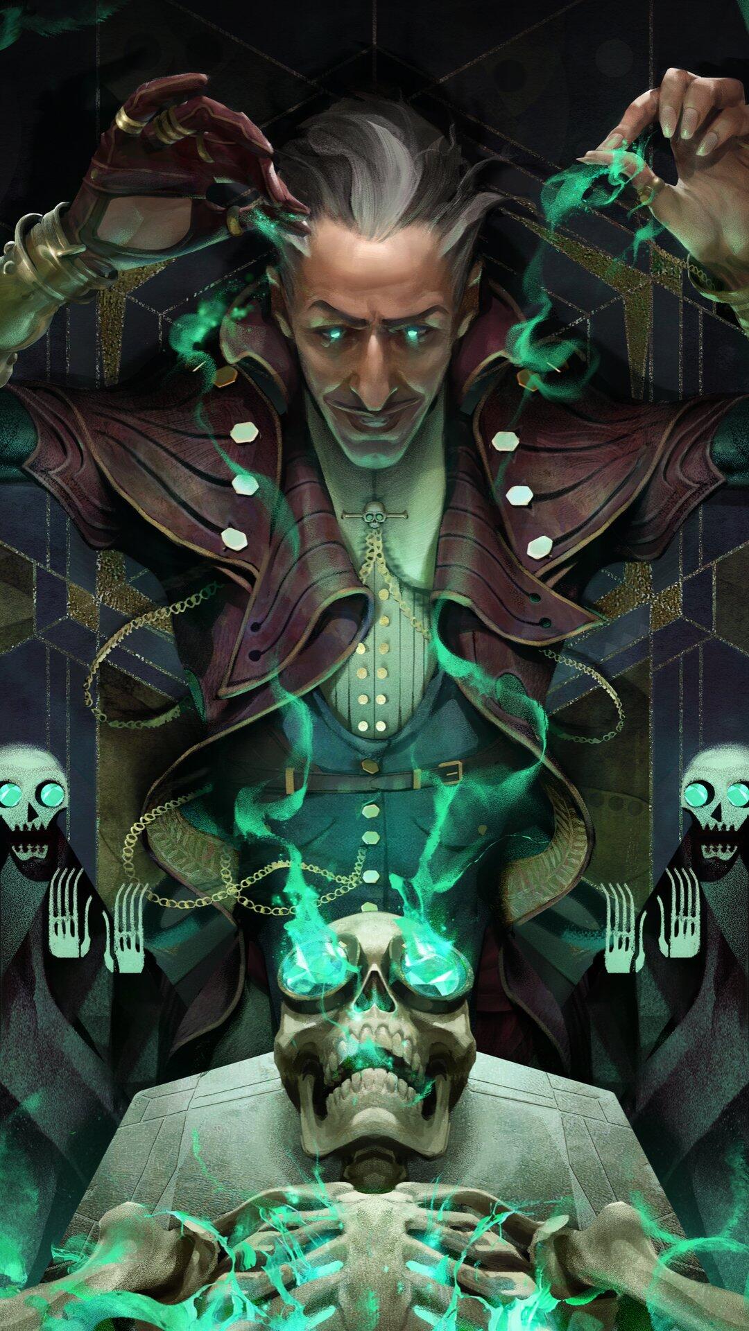 A captivating phone wallpaper featuring a necromancer from the game Dragon Age: The Veilguard, conjuring eerie green magic above a skeleton, set against a dark, intricate background.