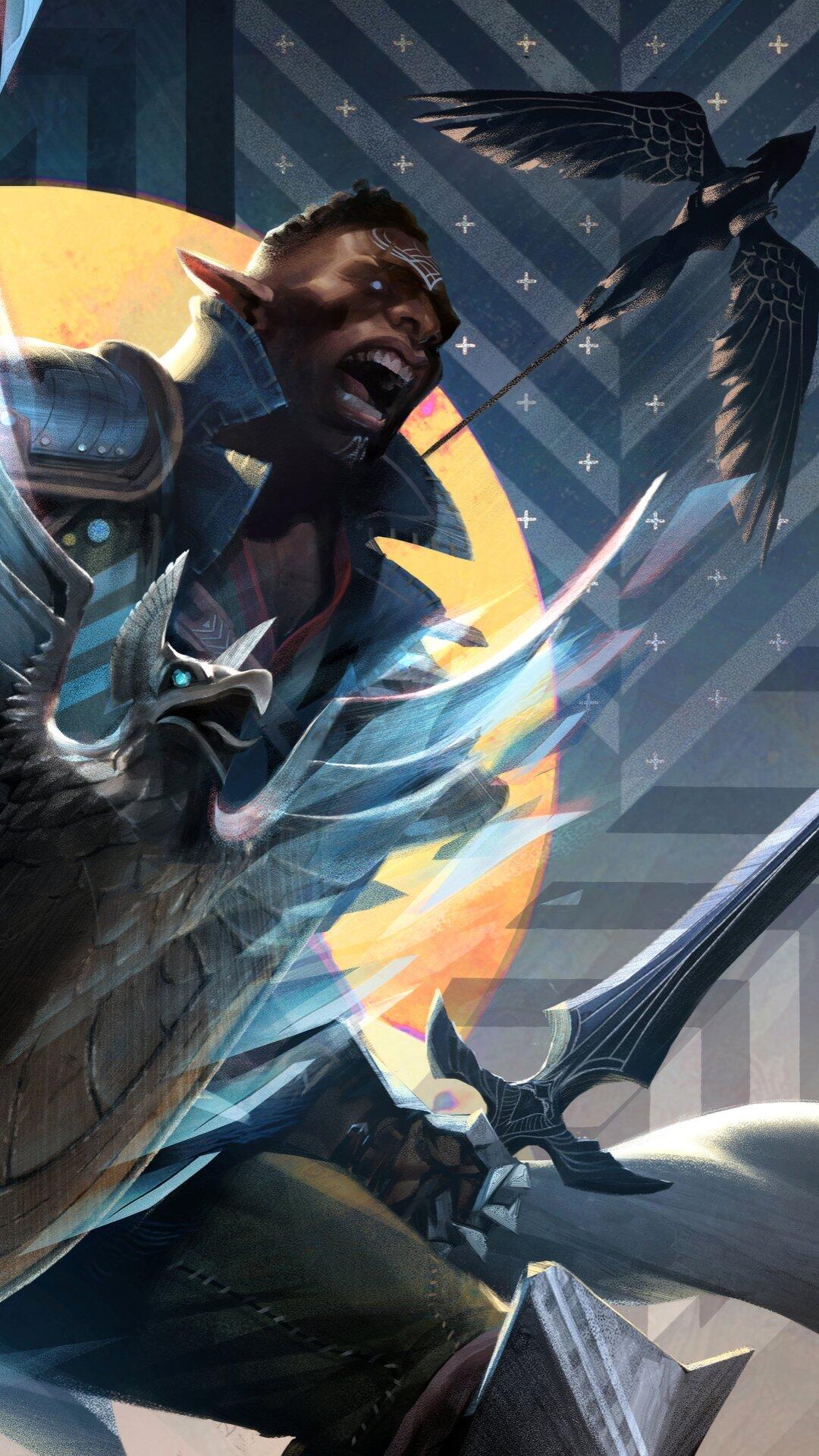 A dynamic phone wallpaper from Dragon Age: The Veilguard, featuring a fierce paladin wielding a sword, accompanied by majestic birds and a striking sunburst background.