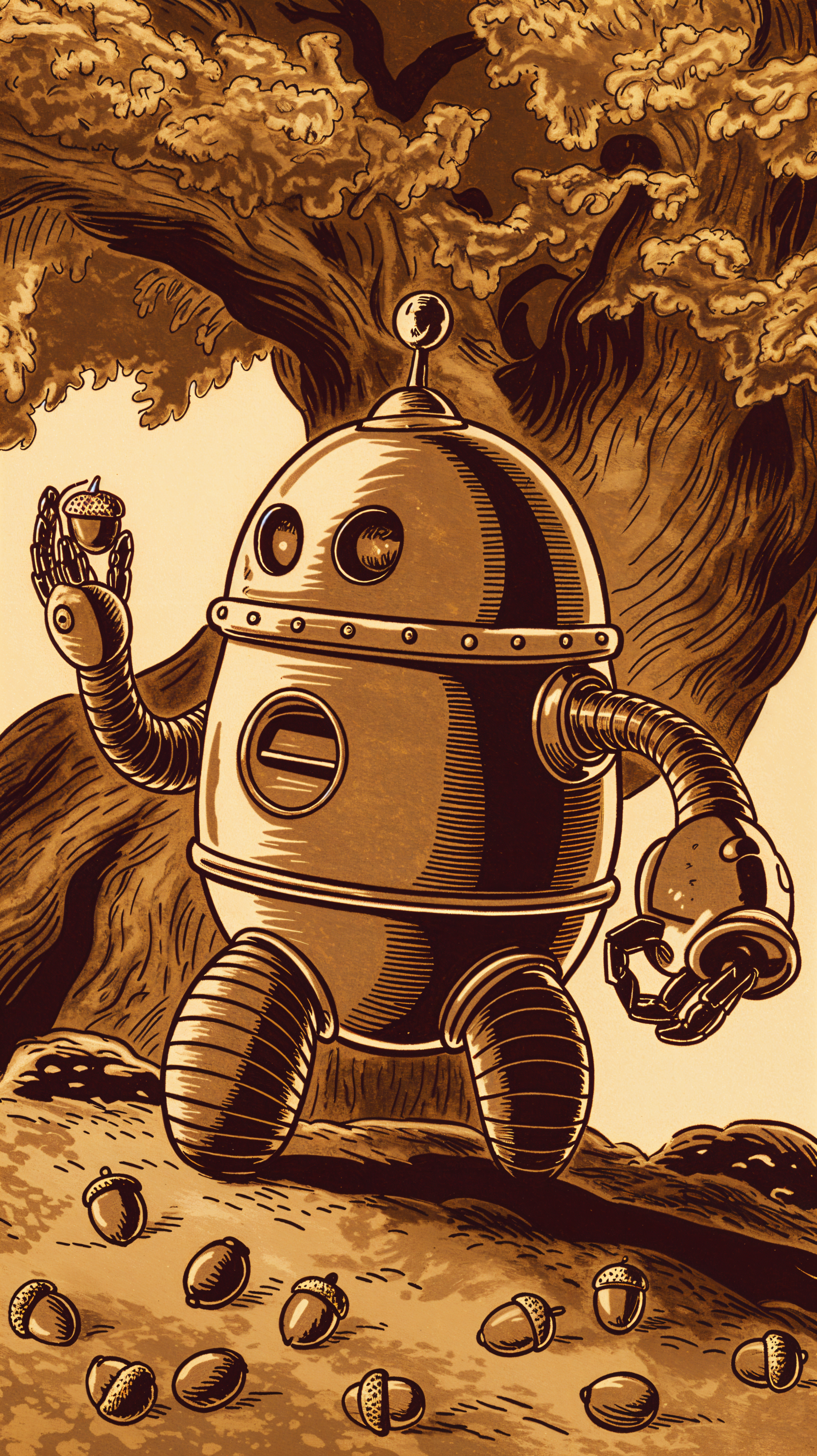 A whimsical robot holds an acorn in one hand, surrounded by scattered acorns beneath a tree. This vintage-style illustration serves as an engaging phone wallpaper.