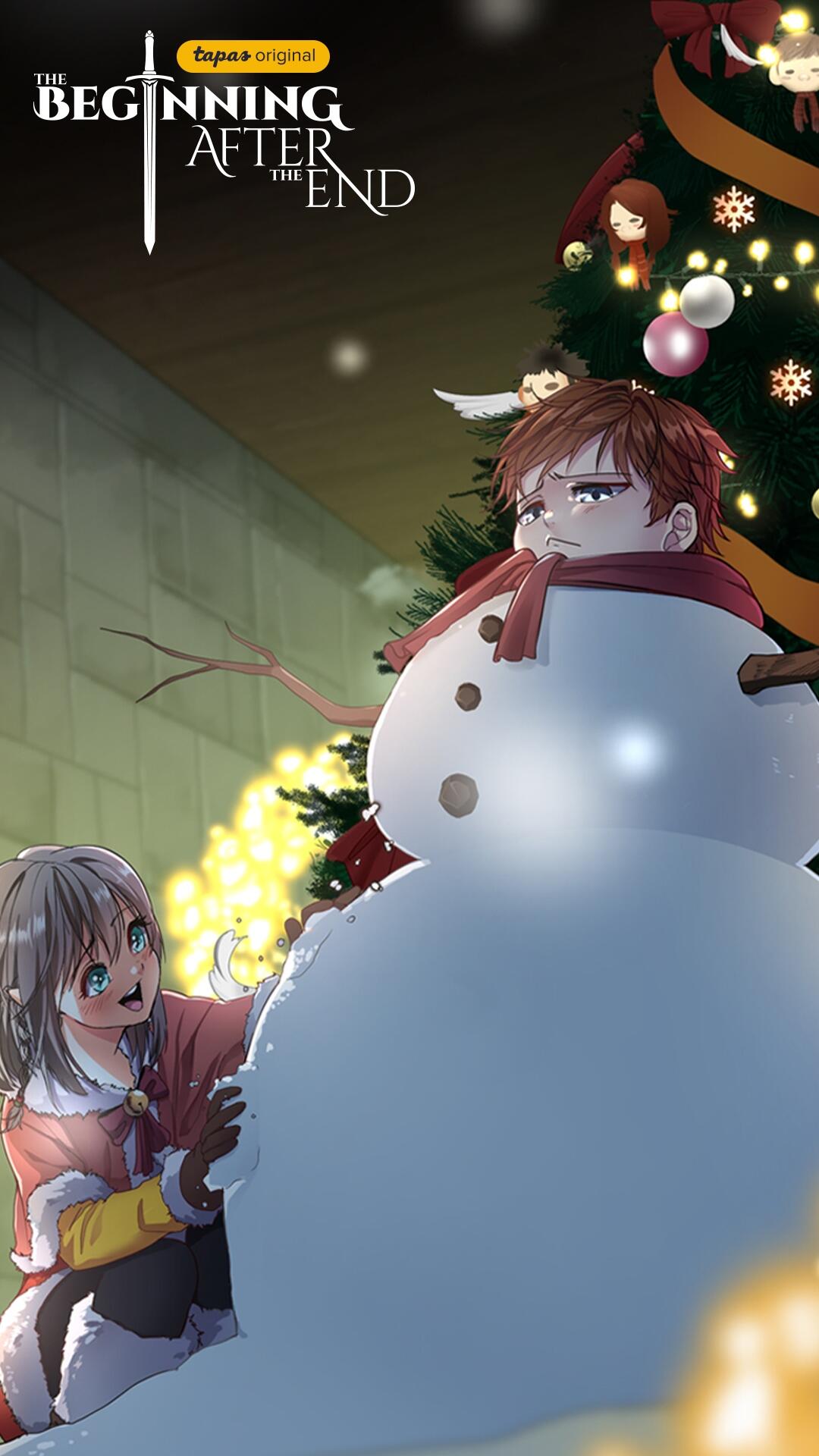 A whimsical phone wallpaper from The Beginning After The End, featuring a girl joyfully building a snowman beside a contemplative boy, set against a festive backdrop of a decorated tree.