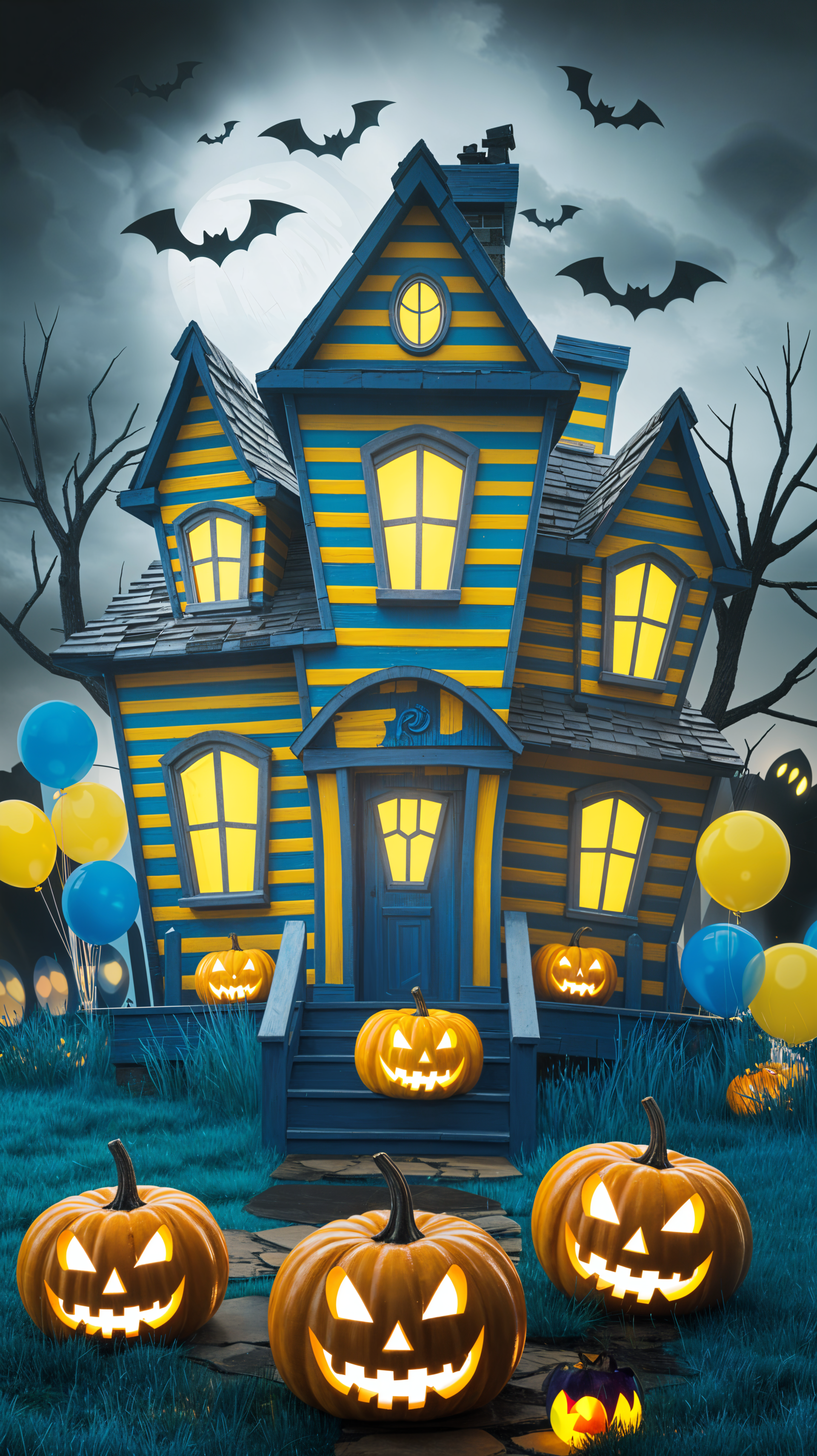 A spooky phone wallpaper features a whimsical striped house surrounded by glowing jack-o'-lanterns, colorful balloons, and flying bats against a dark, eerie sky.