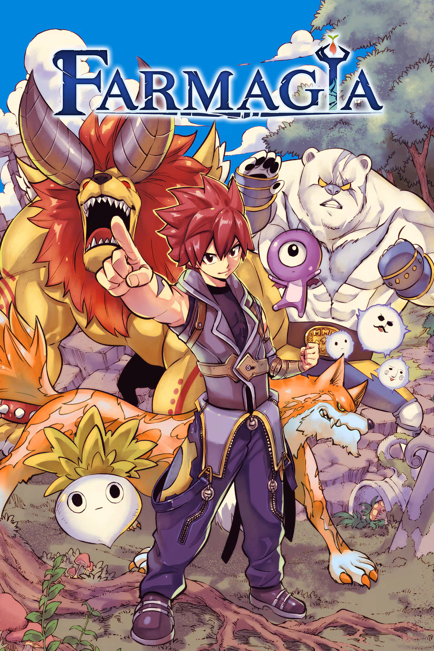 A vibrant phone wallpaper featuring characters from the video game Farmagia, with a protagonist surrounded by various fantastical creatures in a colorful, lush environment.