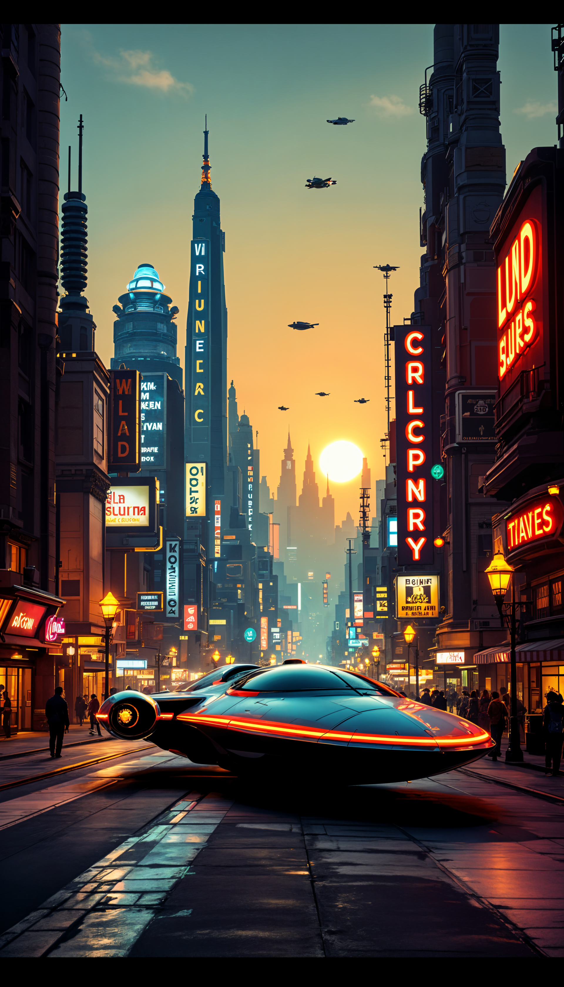 A futuristic cityscape at sunset, featuring a sleek spaceship on a neon-lit street, surrounded by towering skyscrapers and flying vehicles, creating a vibrant sci-fi atmosphere.