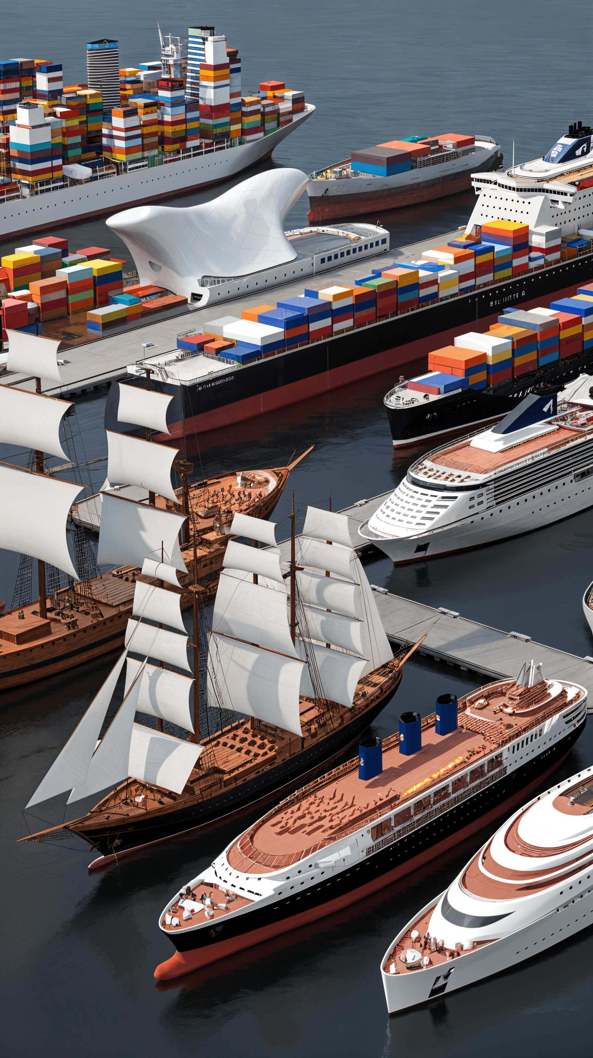 A vibrant phone wallpaper featuring a busy harbor with various ships, including a classic sailing ship, cargo vessels, and modern yachts, set against serene waters.