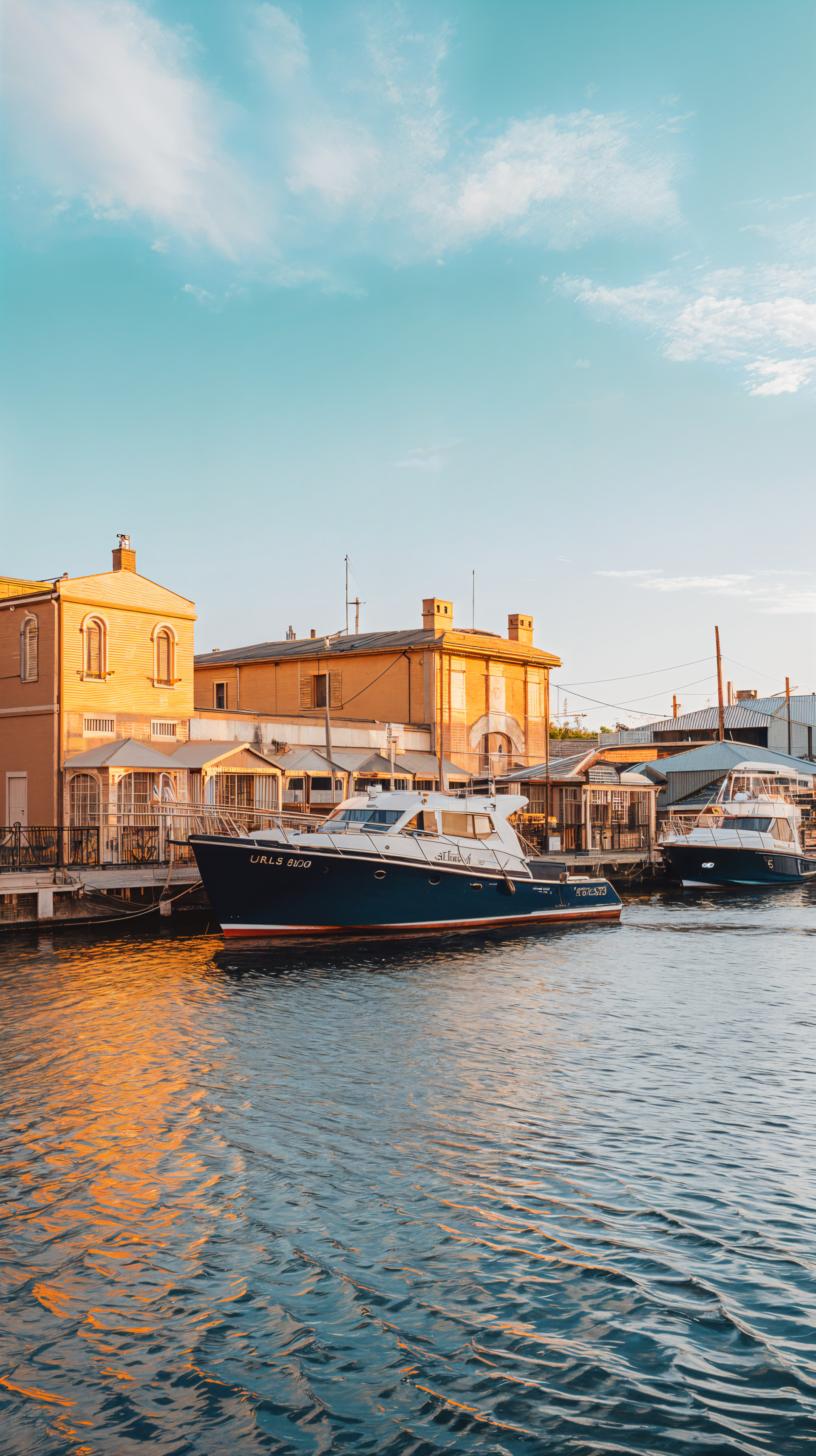 A serene port scene featuring boats moored by charming waterfront buildings under a blue sky, creating a calming backdrop for a phone wallpaper.