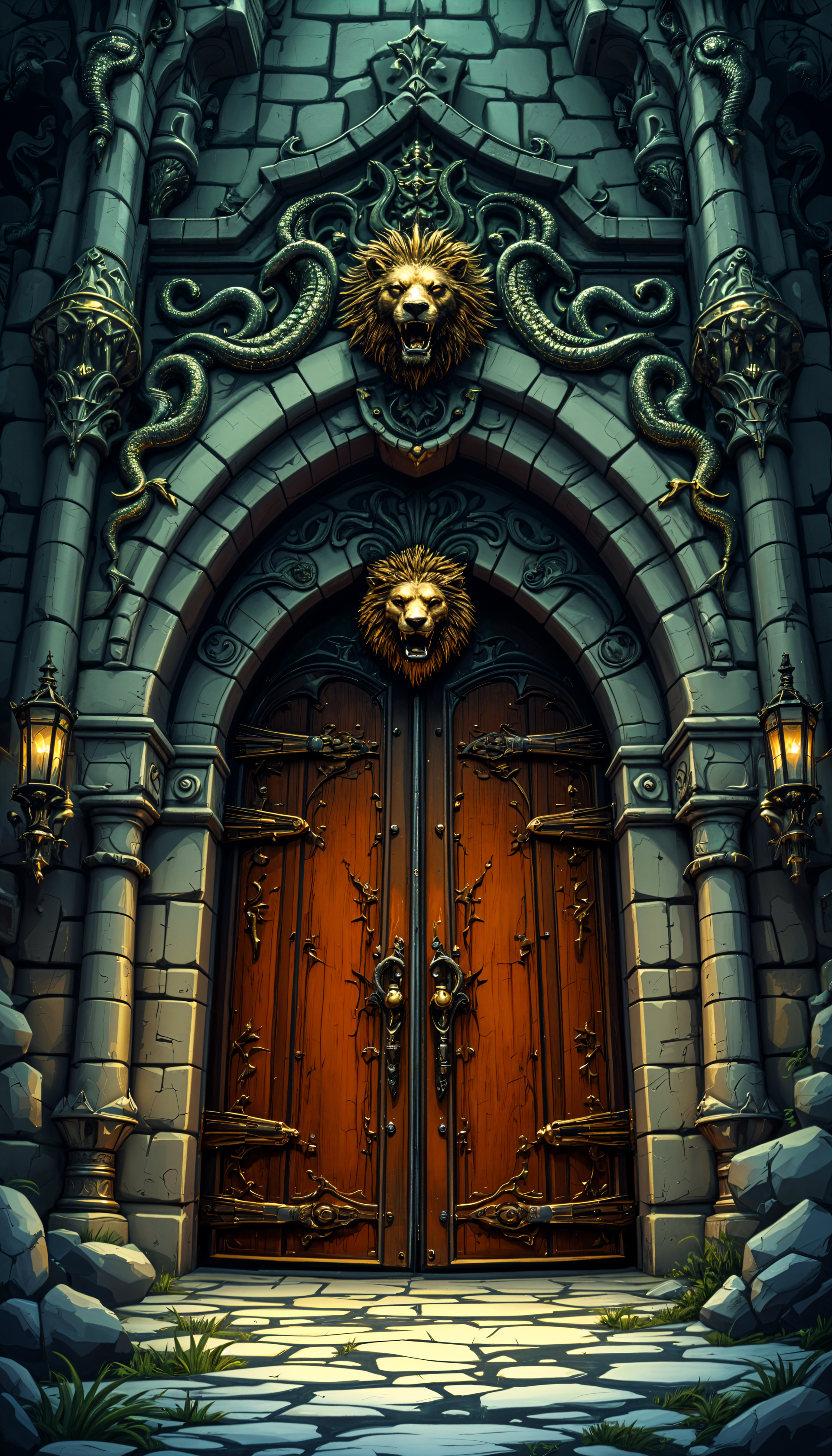A detailed stone archway with two ornate wooden doors featuring lion head knockers, surrounded by intricate carvings and lanterns, creating an inviting yet mysterious dungeon entrance.