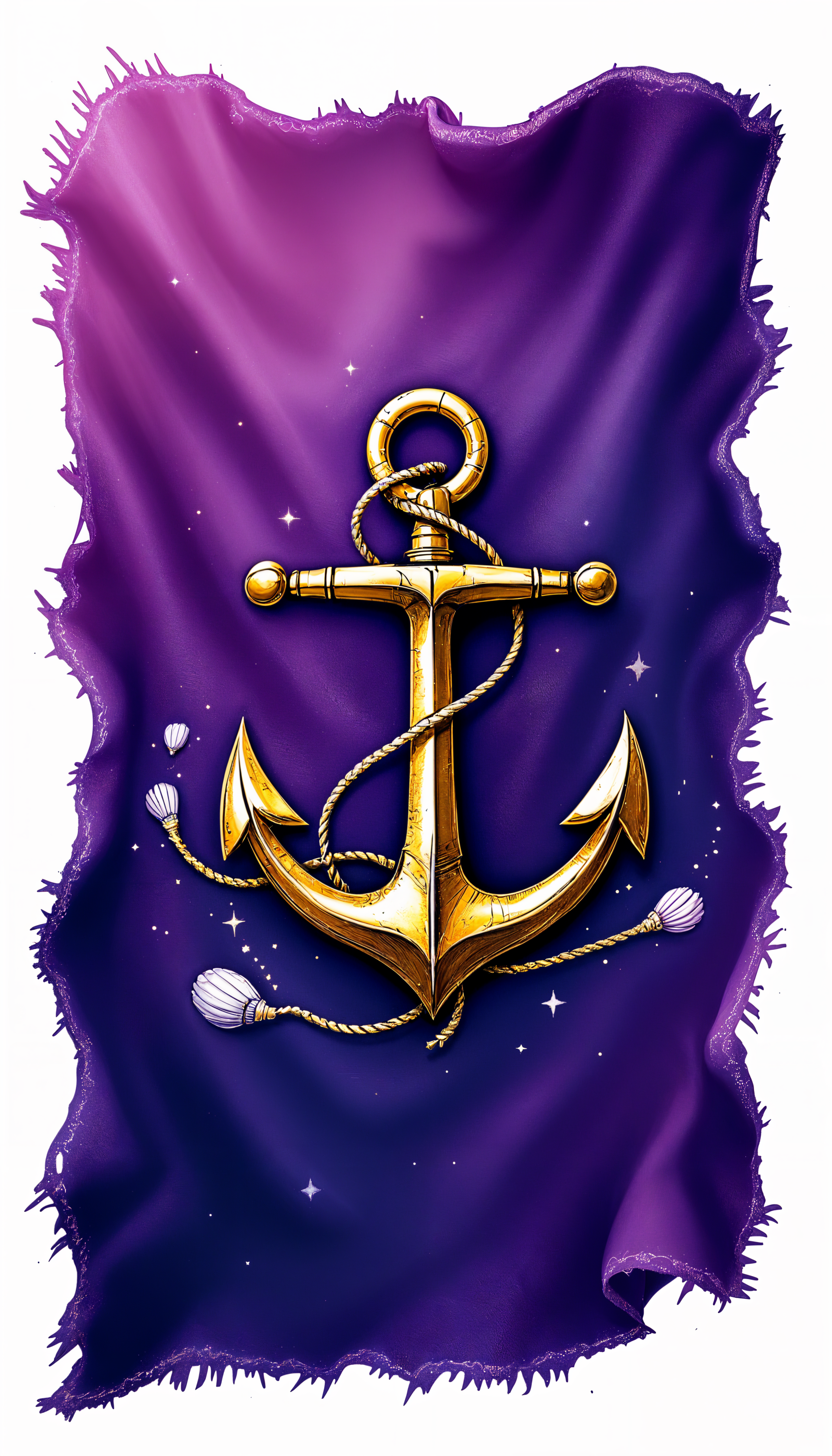 A vibrant phone wallpaper featuring a golden anchor against a rich purple background, accented by delicate seashells and a starry design, creating a nautical theme.