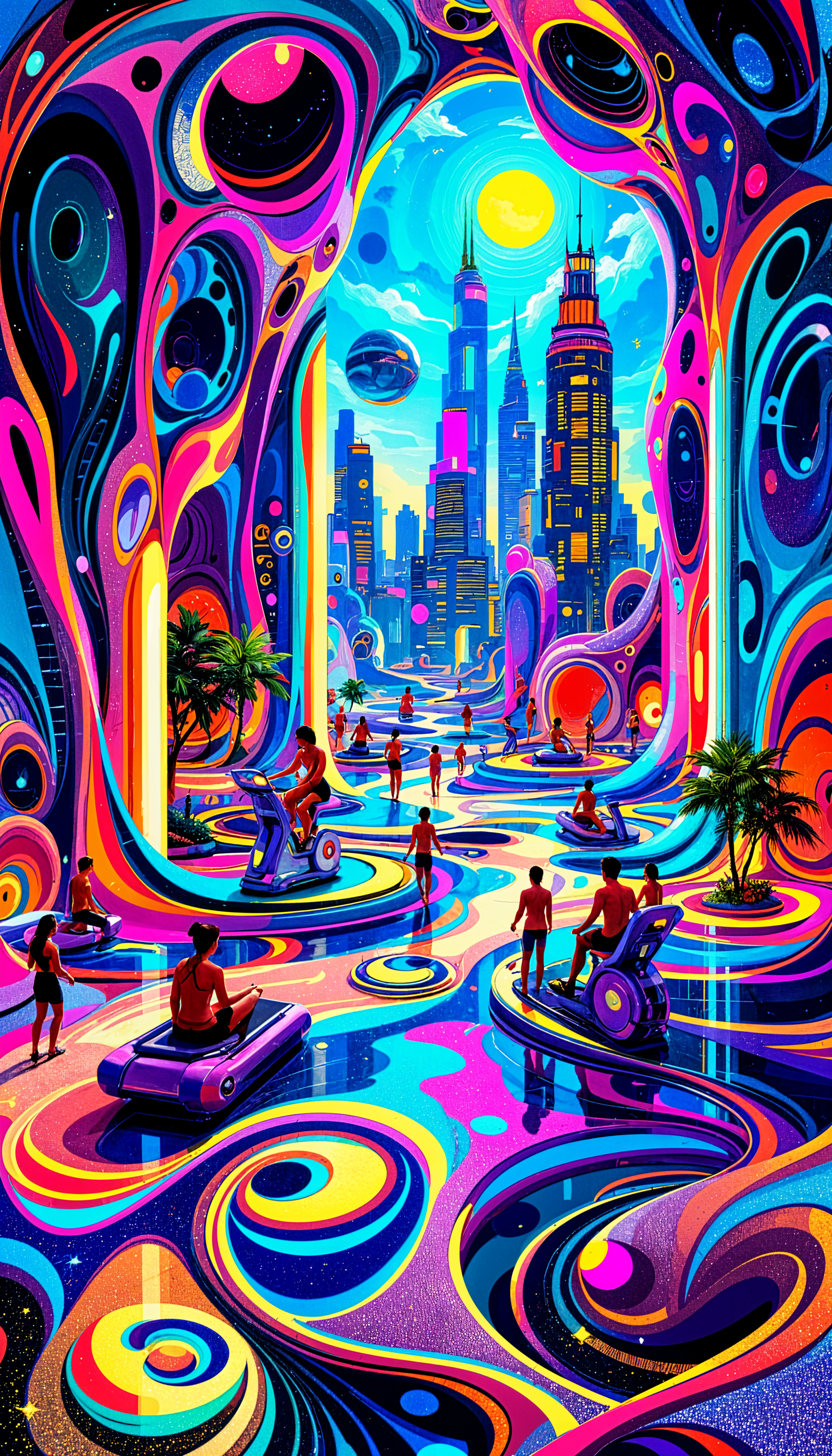 A vibrant, futuristic cityscape filled with swirling colors, palm trees, and people on sleek hoverboards, creating a dynamic and imaginative atmosphere for a phone wallpaper.