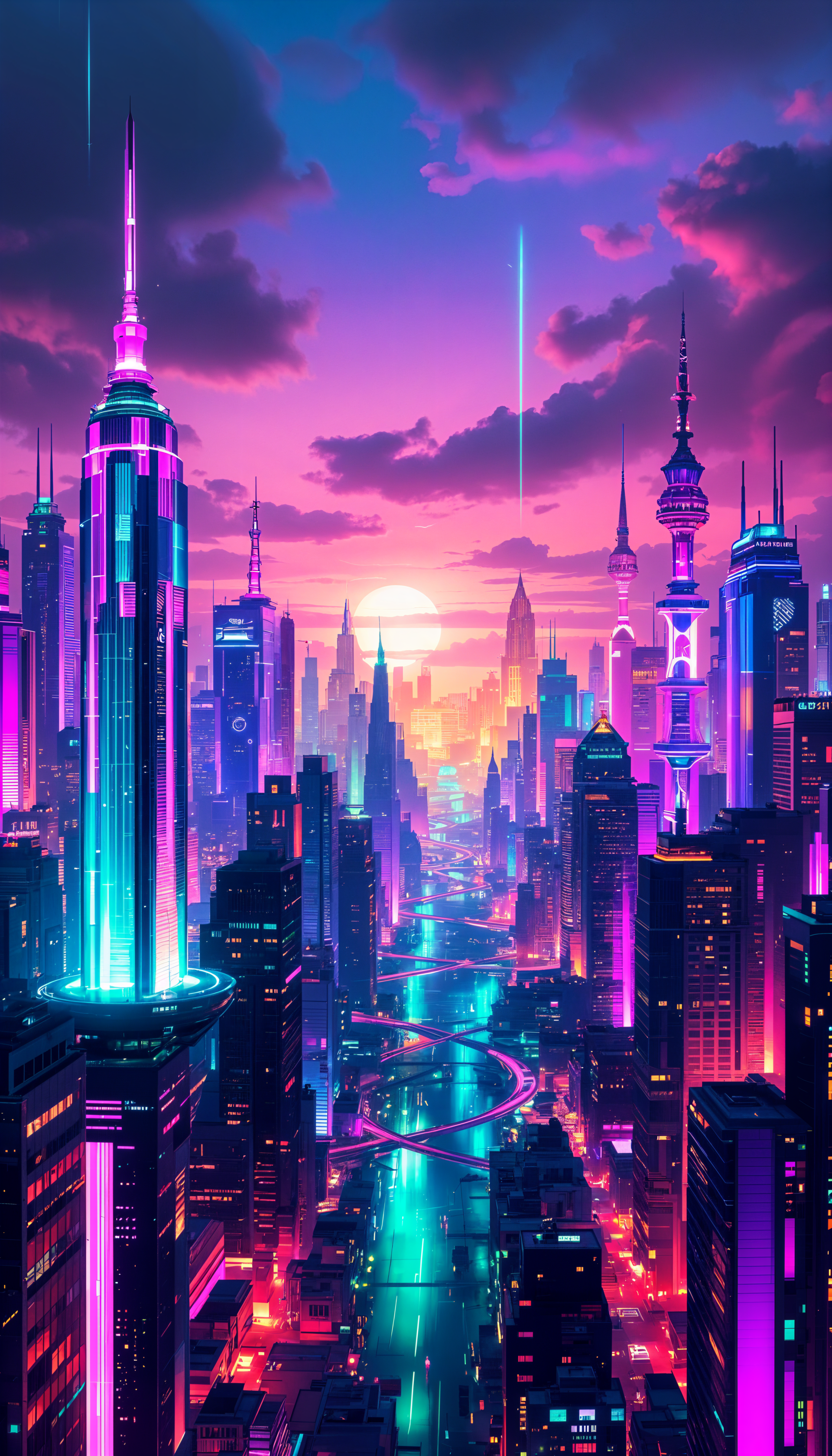 A vibrant cityscape at sunset, featuring towering skyscrapers illuminated in neon pink and blue, reflecting in waterways, creating a futuristic and dynamic atmosphere.