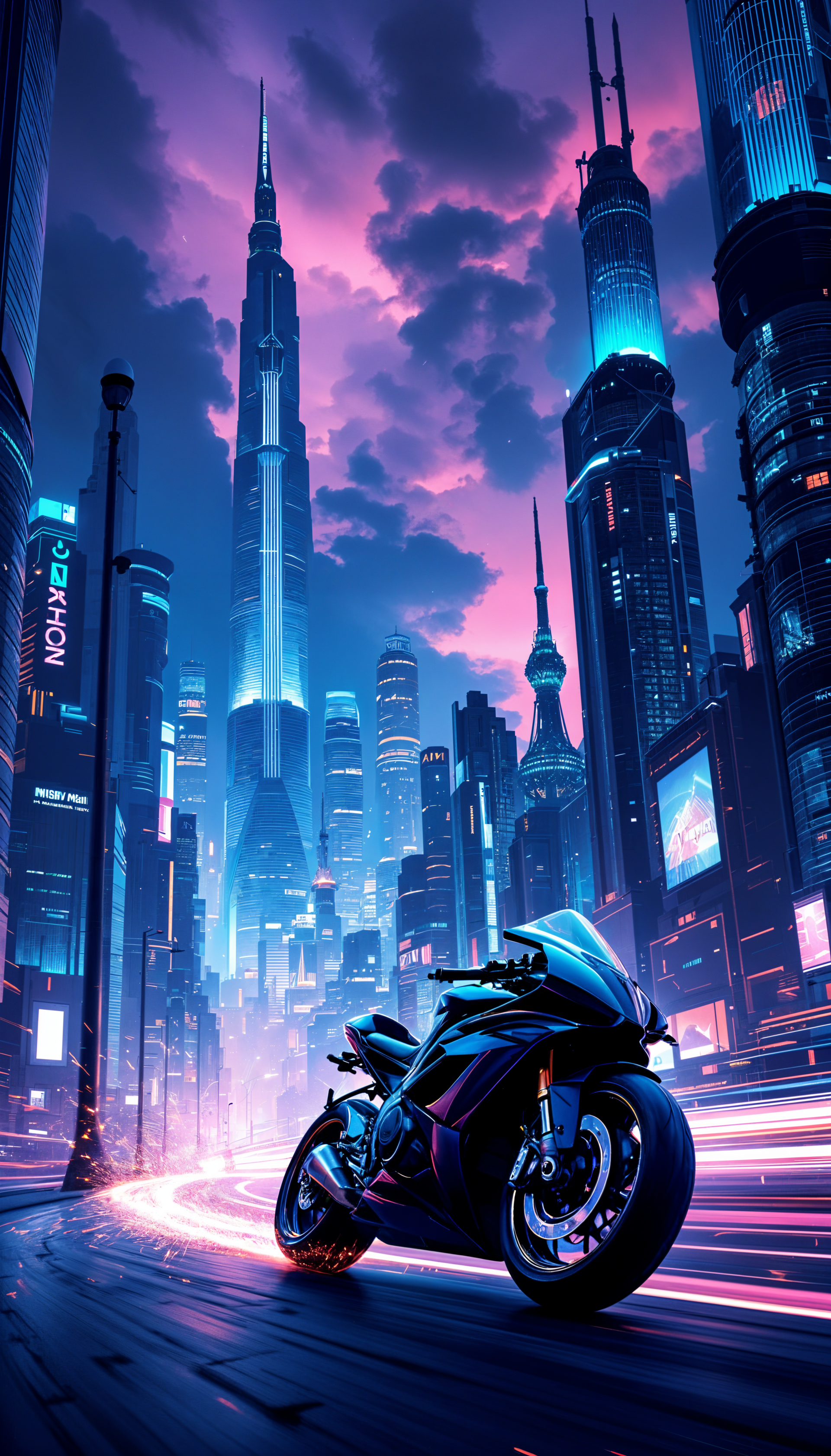 A futuristic cityscape at dusk featuring towering skyscrapers illuminated in blue and purple hues, with a sleek motorcycle positioned in the foreground, creating a dynamic urban vibe.