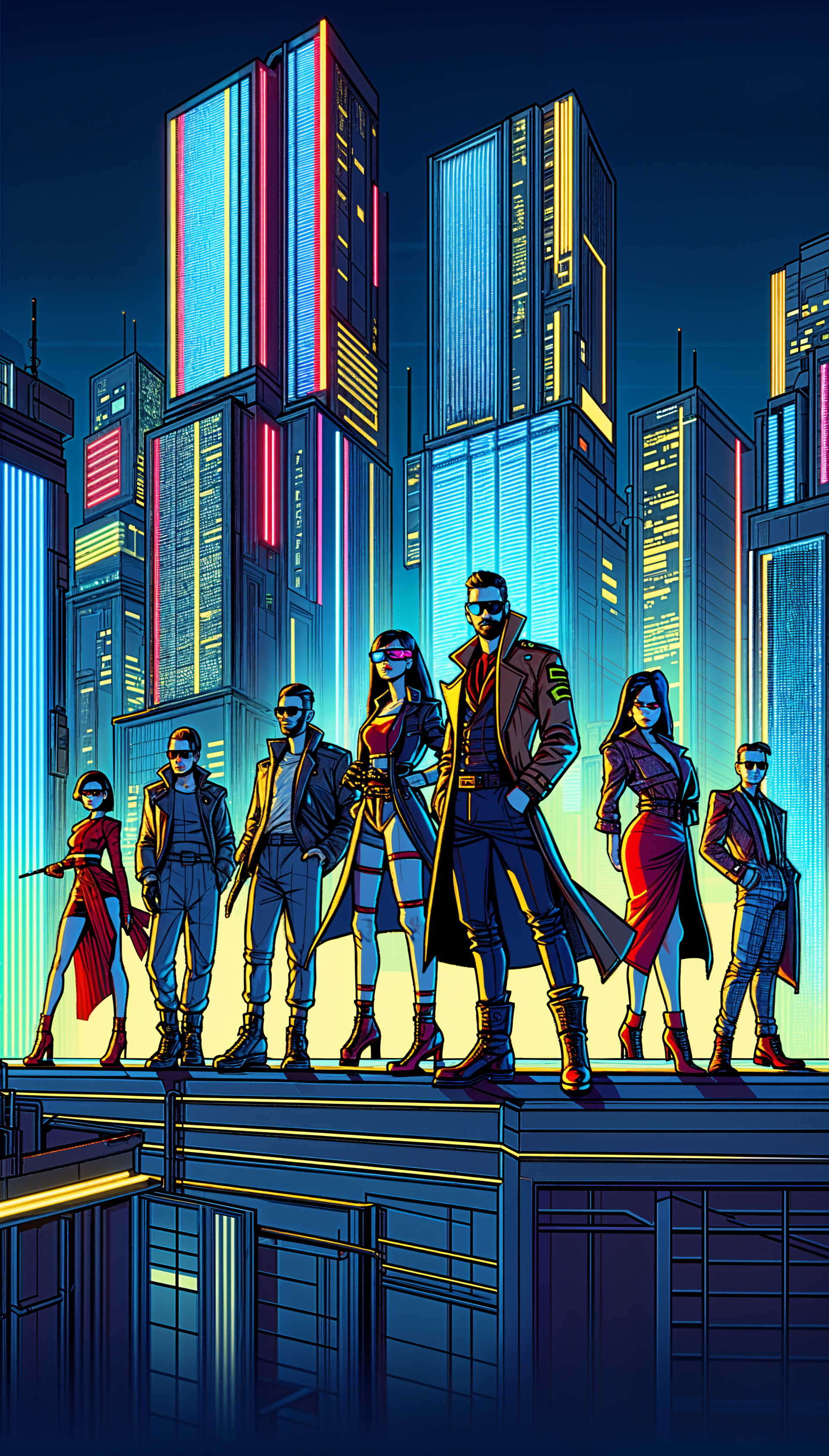 A vibrant phone wallpaper featuring a group of stylish individuals in futuristic clothing, poised against a backdrop of neon-lit skyscrapers. The scene exudes an urban, cyberpunk vibe.