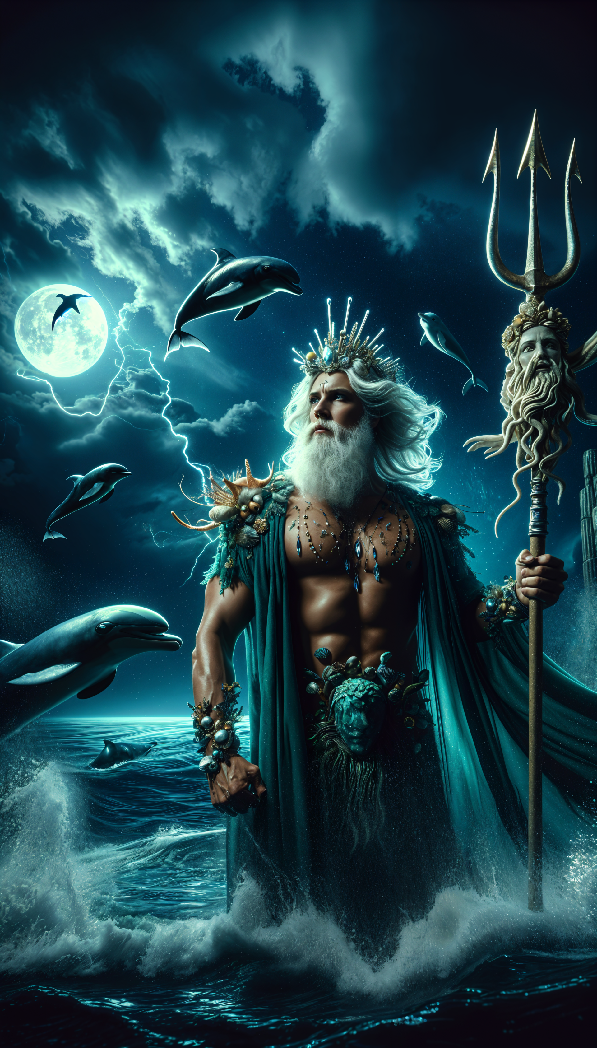A stunning phone wallpaper of Poseidon, the Greek god of the sea, depicted with a trident, surrounded by dolphins, under a dramatic night sky illuminated by lightning and a full moon.