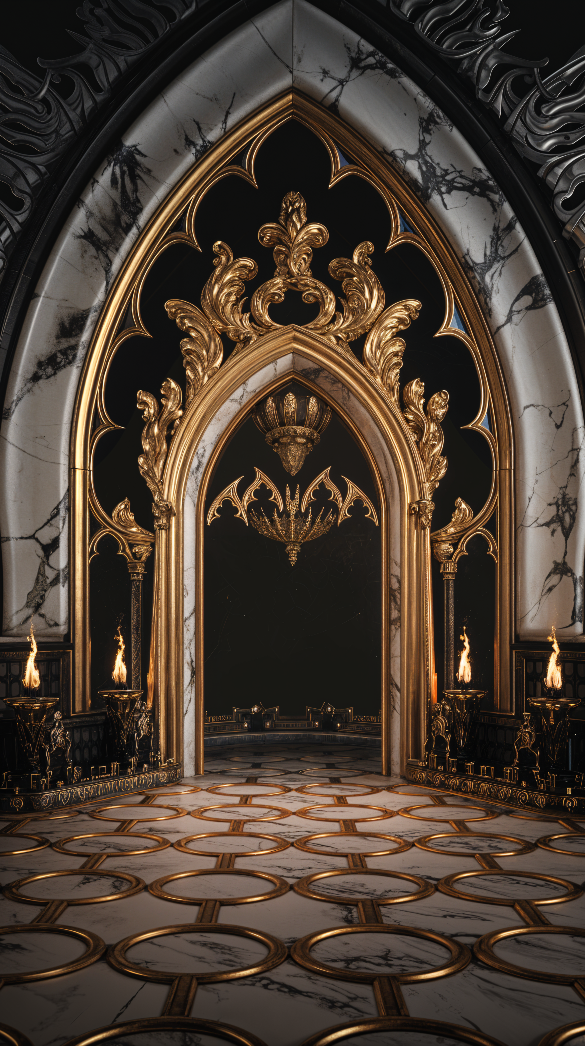 A dark fantasy phone wallpaper featuring an ornate golden archway set against a marbled backdrop, leading to a shadowy space illuminated by flickering flames.