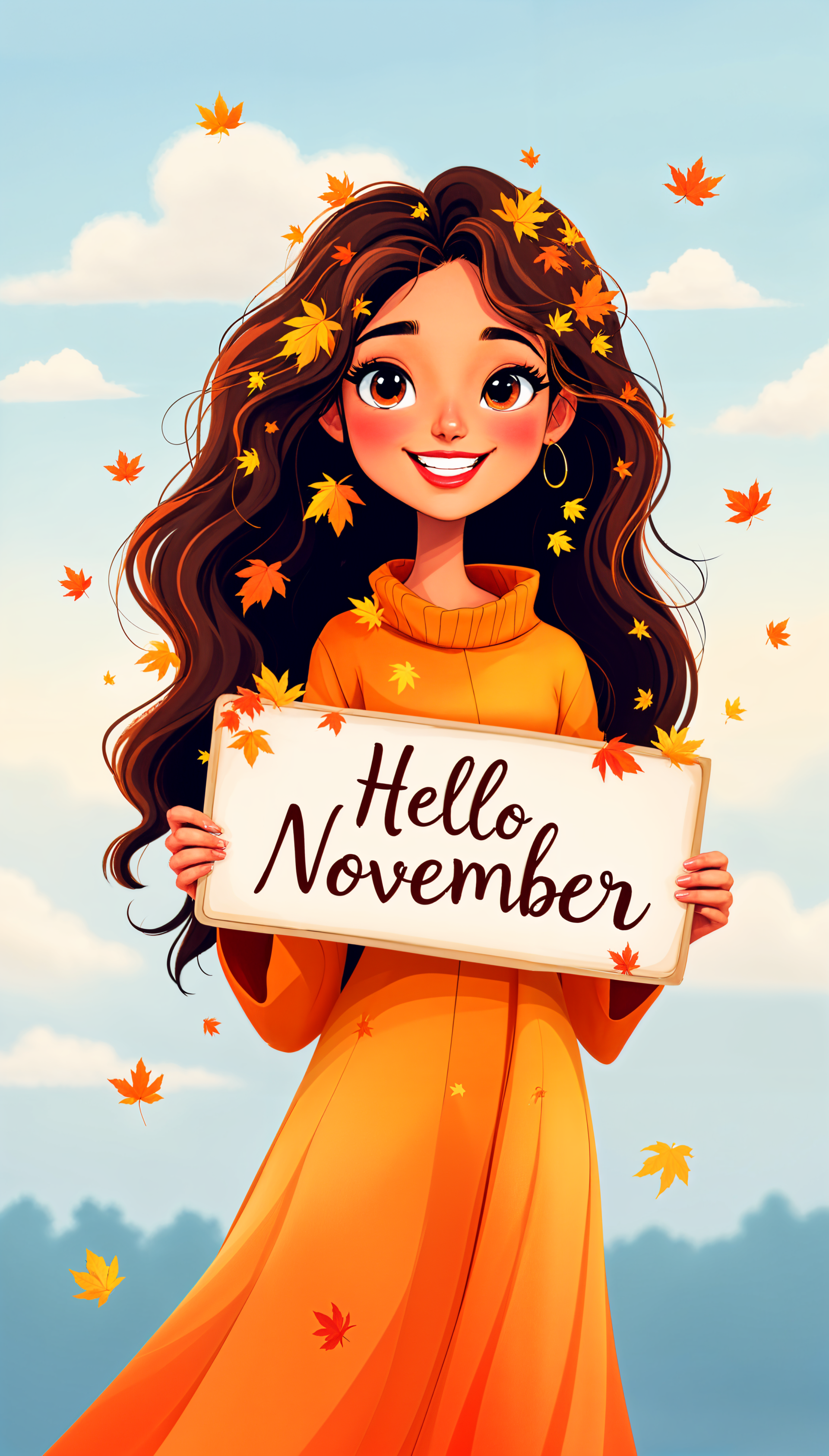 Illustration of a smiling girl in an orange dress holding a Hello November sign, surrounded by floating autumn leaves, designed as a vibrant phone wallpaper for iPhones and Android.
