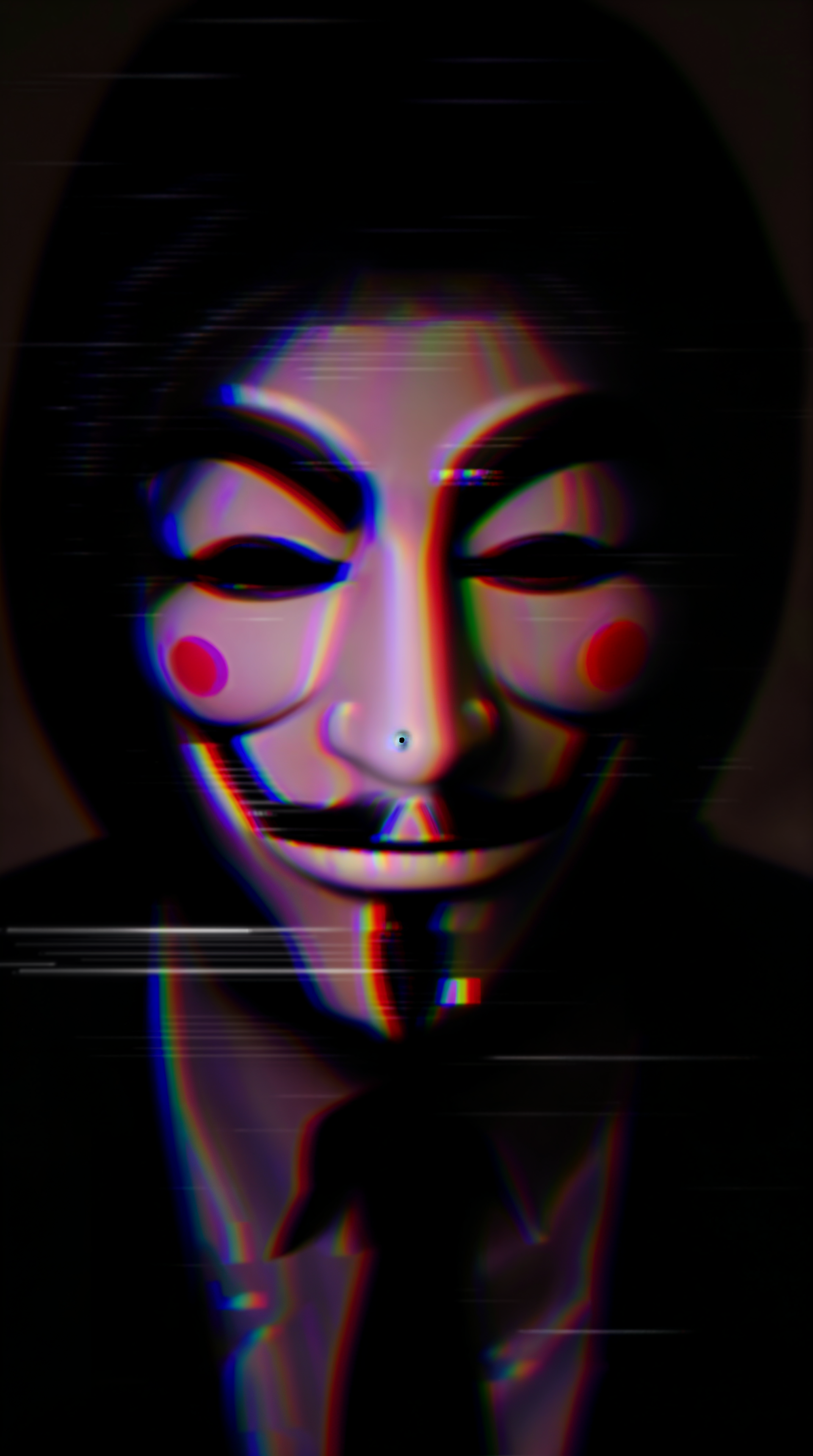 A stylized image of a person wearing an anonymous mask, featuring glitch effects and a dark background, designed as a phone wallpaper.