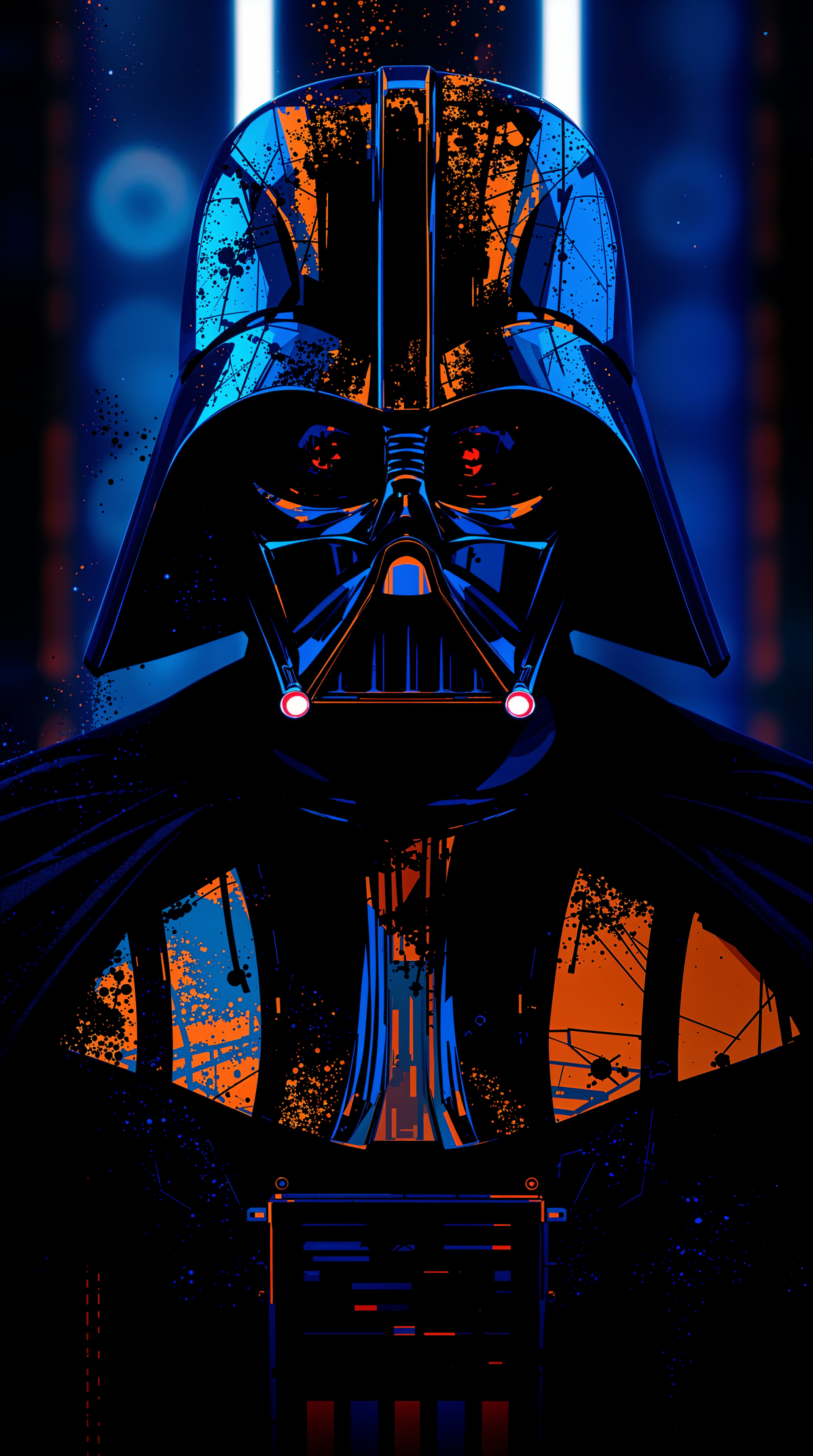 A striking phone wallpaper featuring Darth Vader, depicted with a bold color palette of blue and orange, capturing the iconic character against a dynamic backdrop.