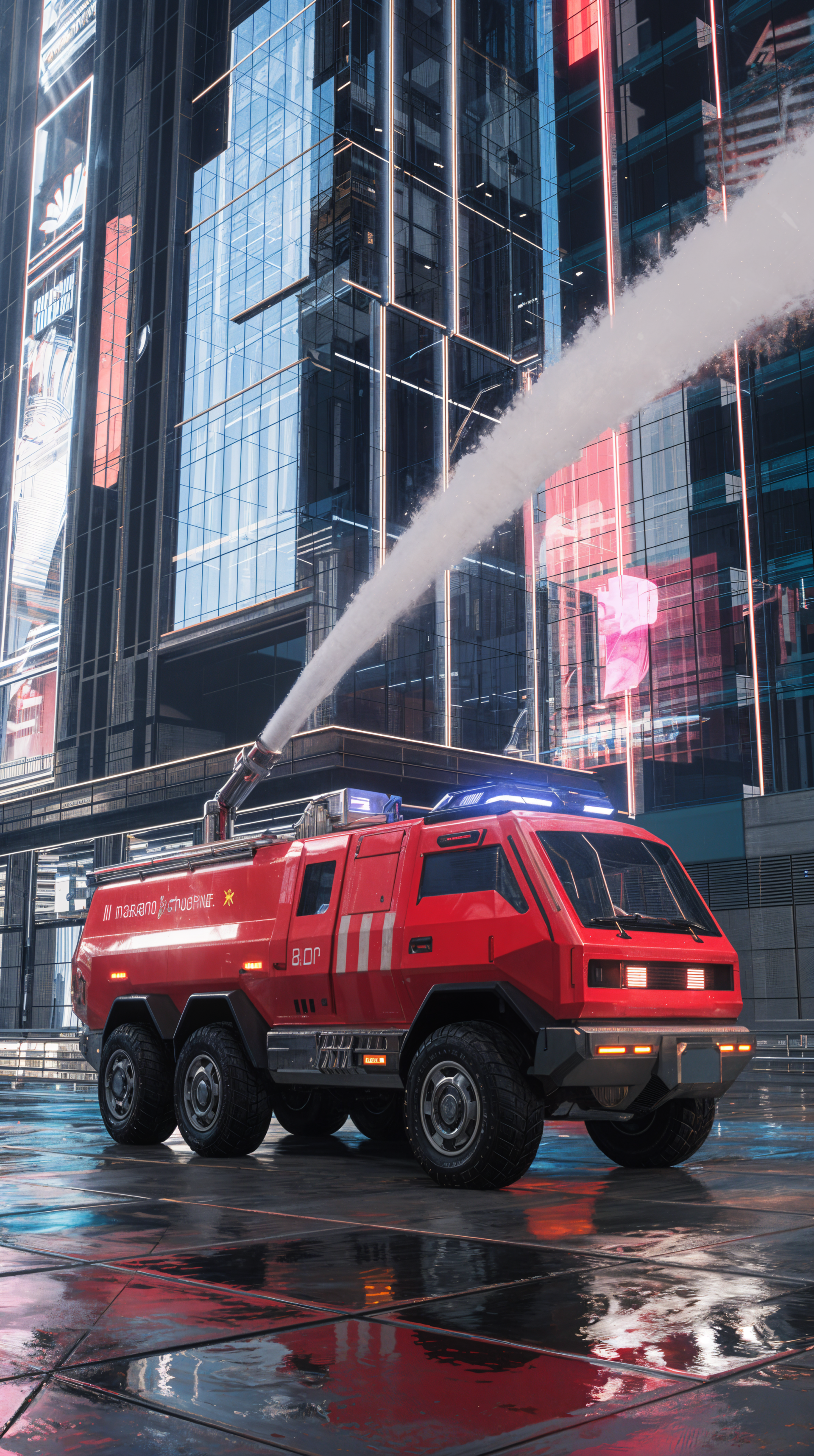 A vibrant red fire truck sprays water in a futuristic cityscape, captured as a dynamic phone wallpaper with sleek buildings reflecting its energy.