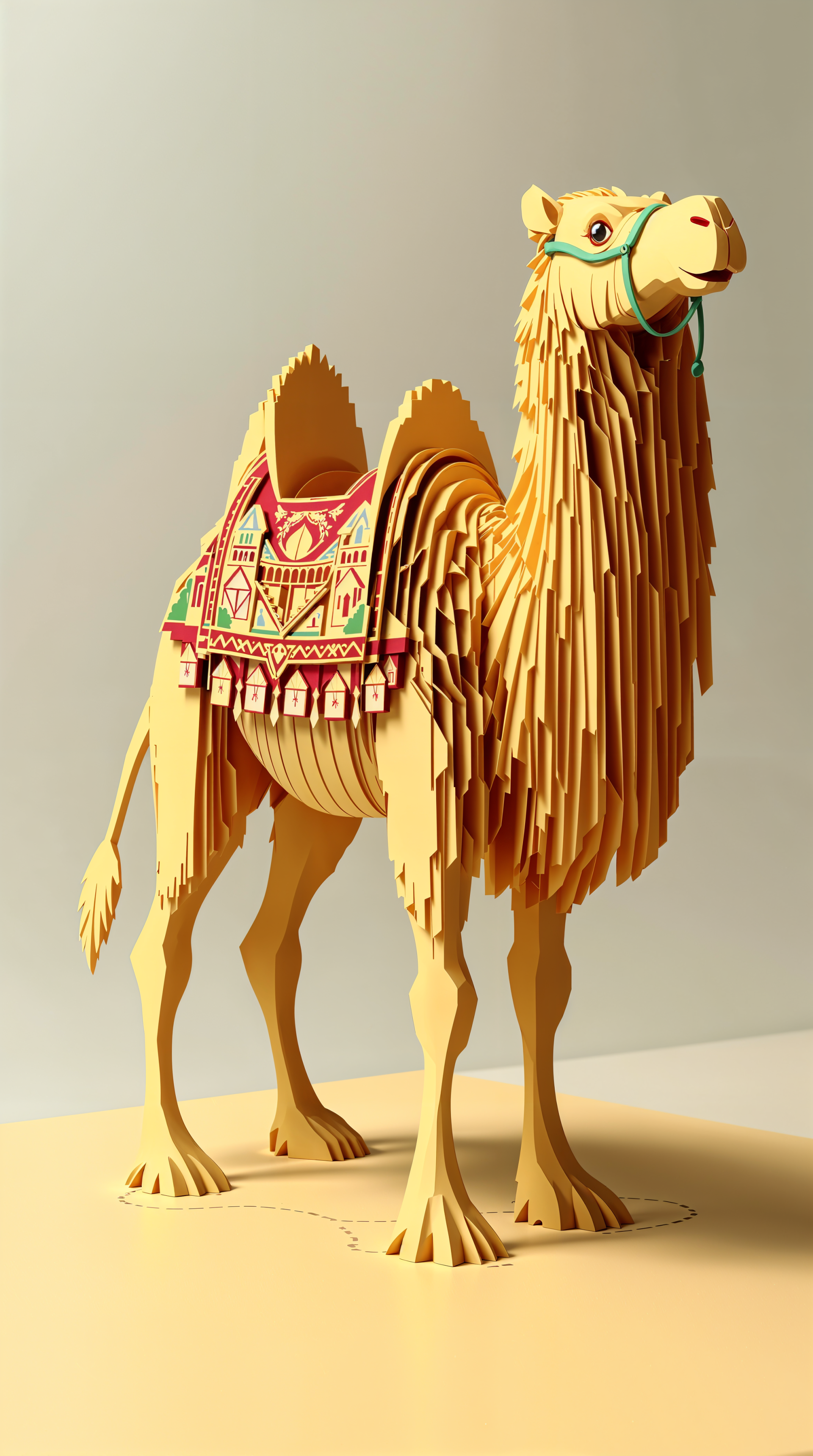A stylized camel made of layered paper with a decorative saddle stands against a light background, designed as an eye-catching phone wallpaper.