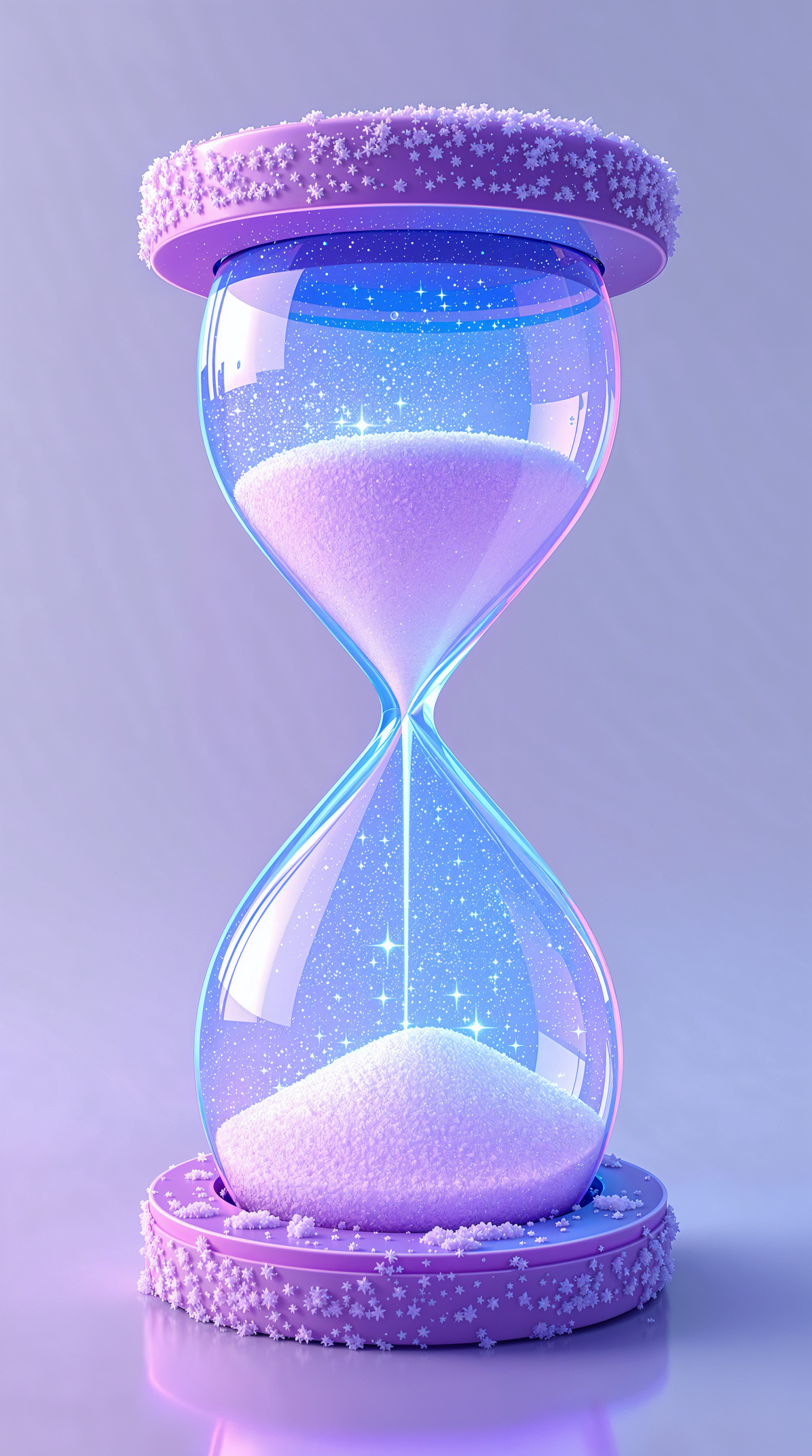 A vibrant hourglass with sparkling sand, set against a soft purple background, serves as an eye-catching phone wallpaper.
