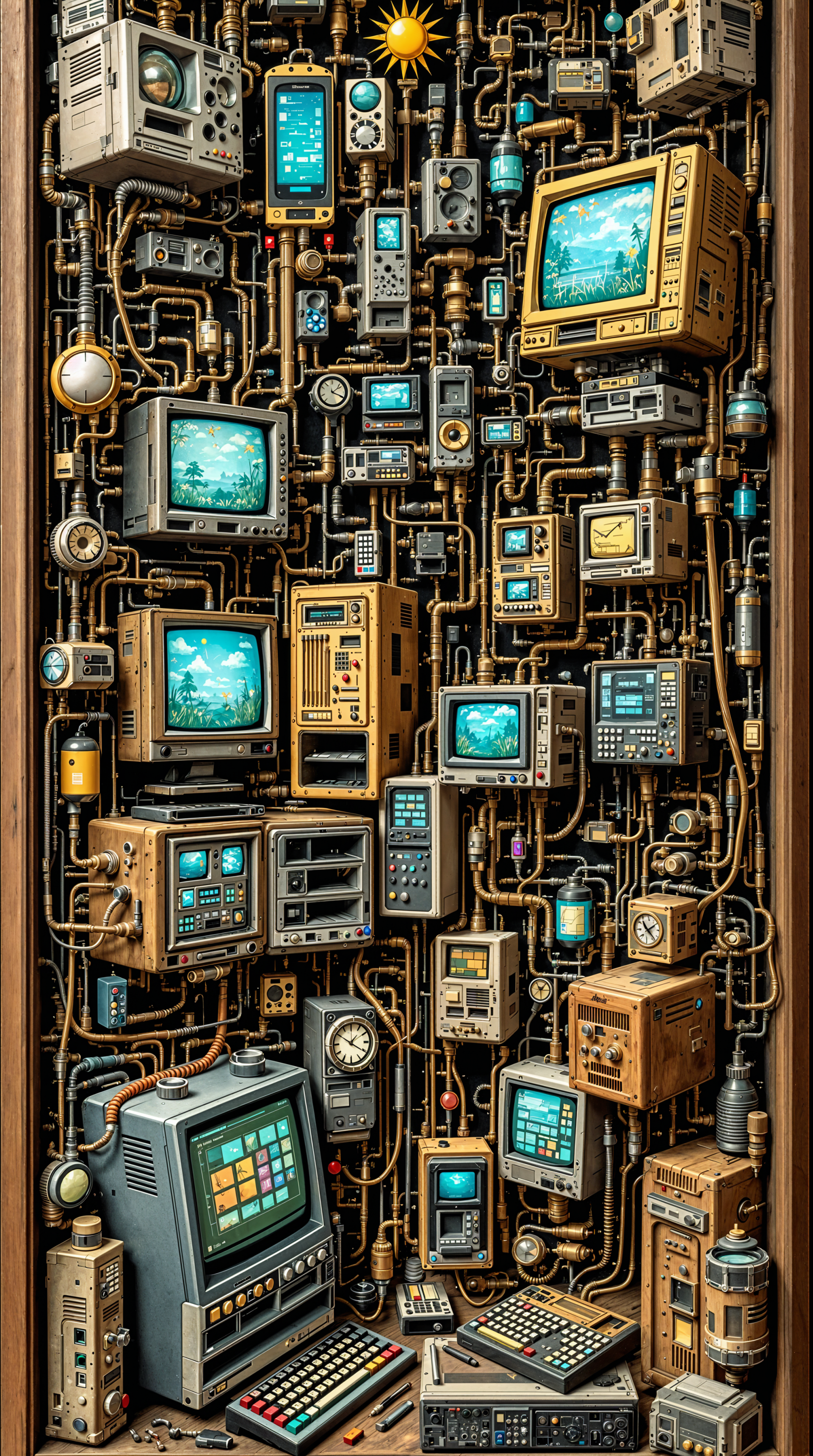 A detailed phone wallpaper featuring a collage of vintage technology, including retro monitors, screens, and intricate wiring, creating a visually captivating and nostalgic design.