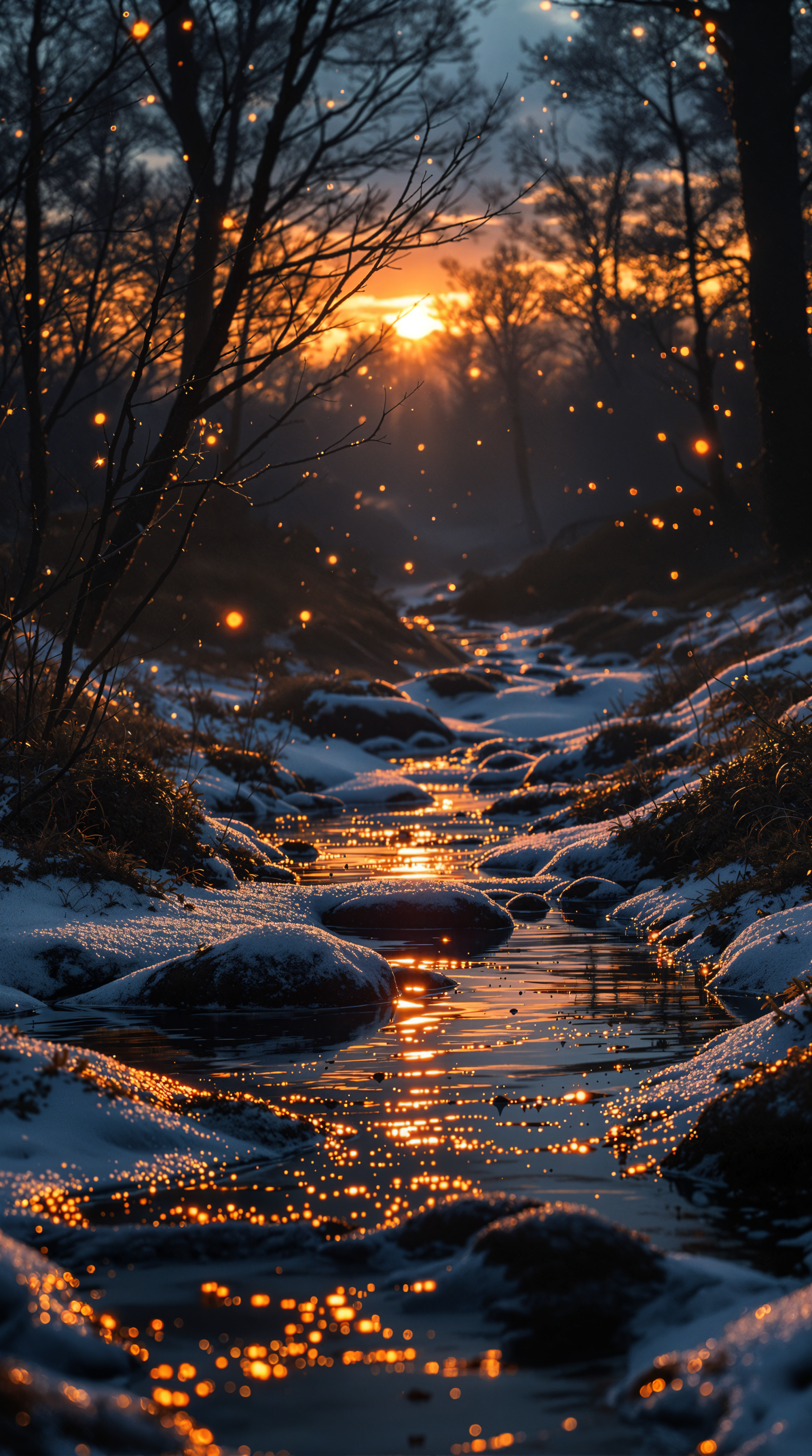 A serene phone wallpaper featuring a winding stream reflecting a glowing sunset, with shimmering lights and snow-covered rocks, framed by silhouetted trees.