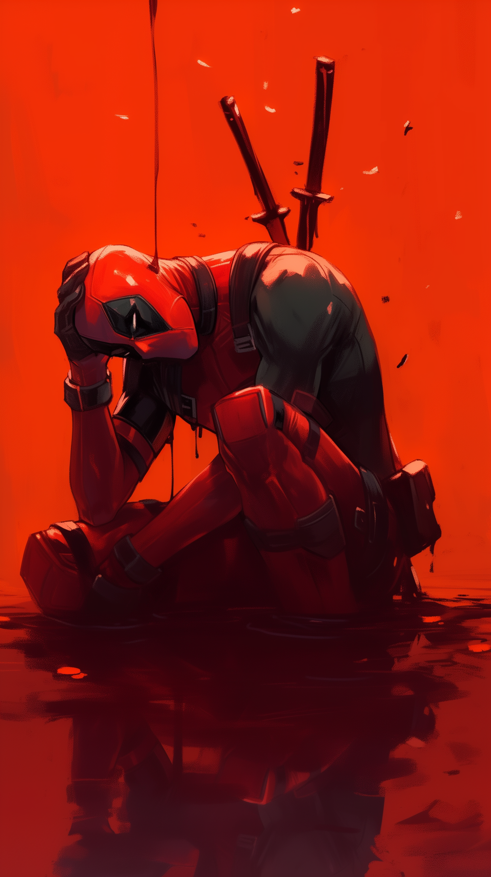 A striking comic-style wallpaper featuring Deadpool in a red-toned scene, sitting in a puddle, conveying a mix of humor and intensity.