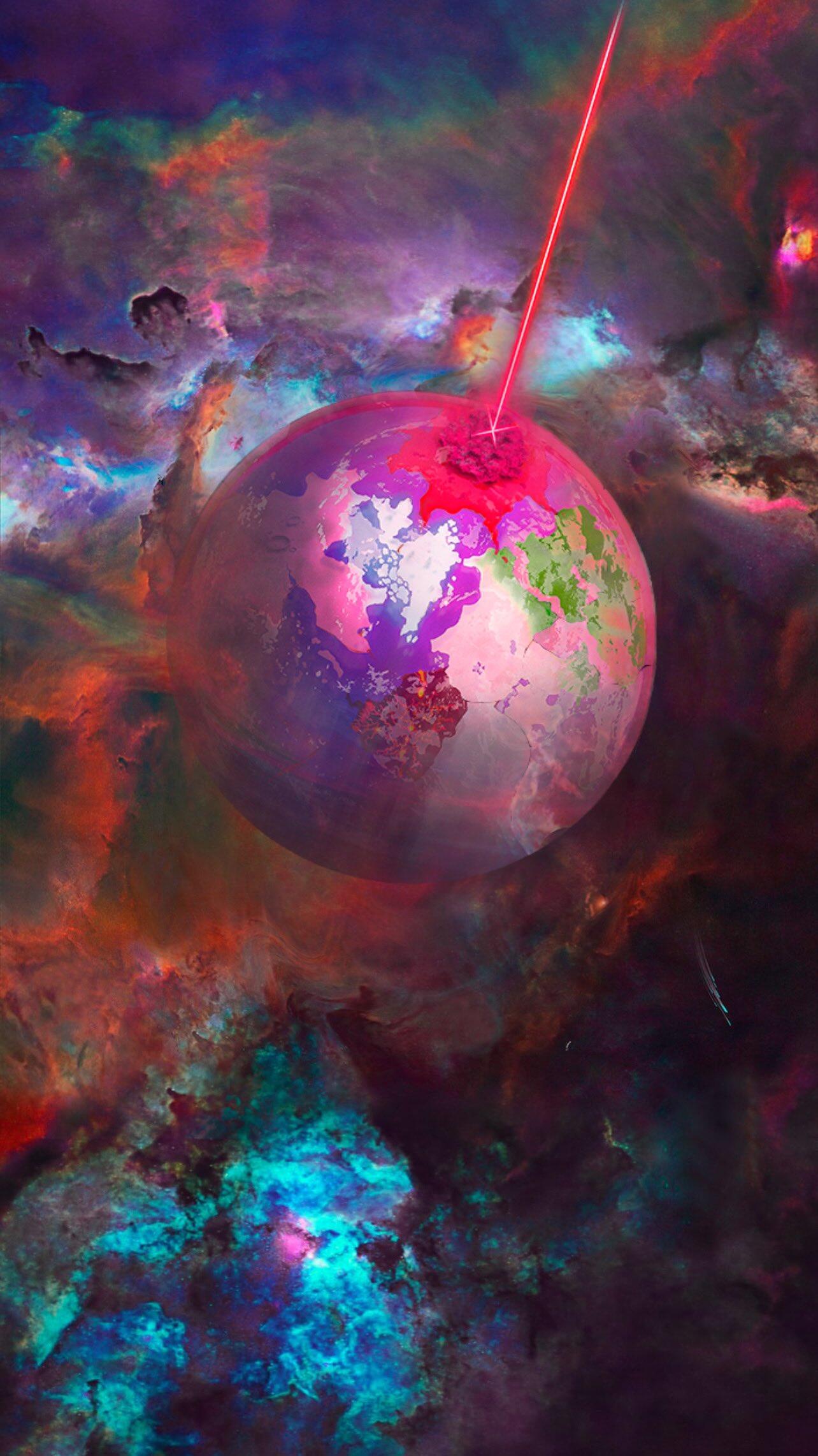 A vibrant galaxy themed phone wallpaper featuring a colorful planet with a striking red beam, inspired by music and the artistic style of Duki.