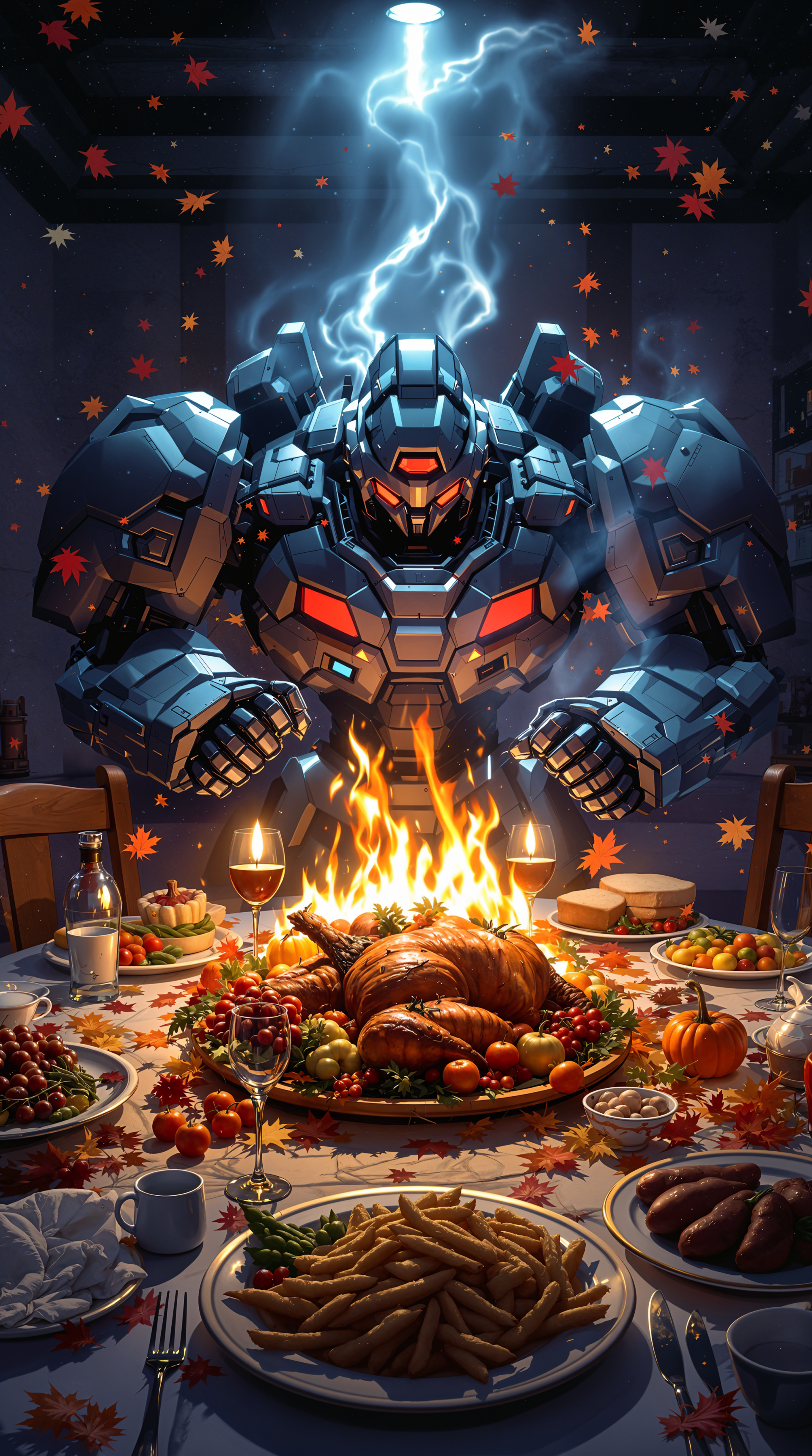 A futuristic armored figure powers a glowing flame above a Thanksgiving feast table surrounded by autumn leaves, blending sci-fi with traditional harvest dinner ambiance.