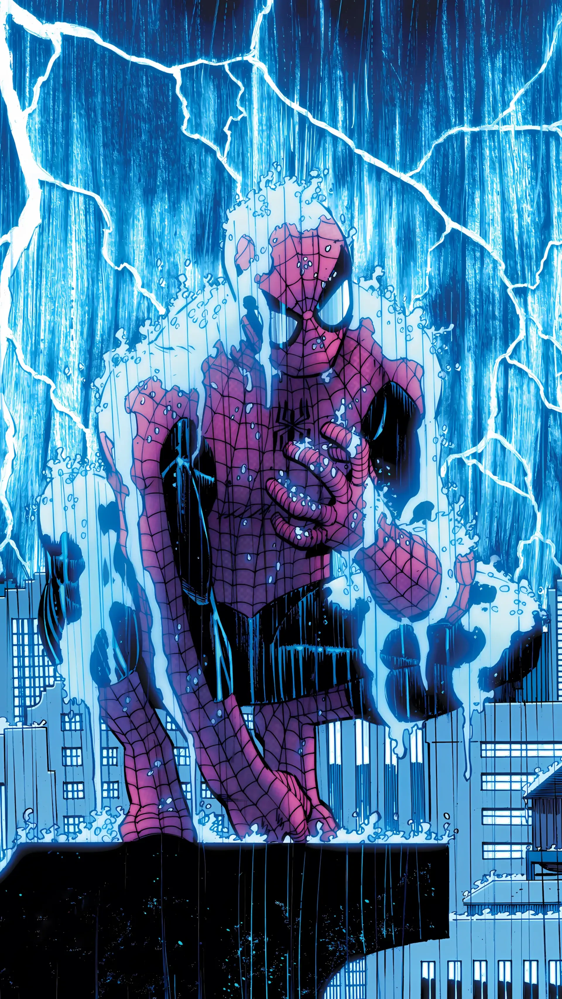 Phone wallpaper of Spider-Man crouching on a rooftop in heavy rain with vivid blue lightning illuminating the cityscape, designed for iPhones and Android devices.