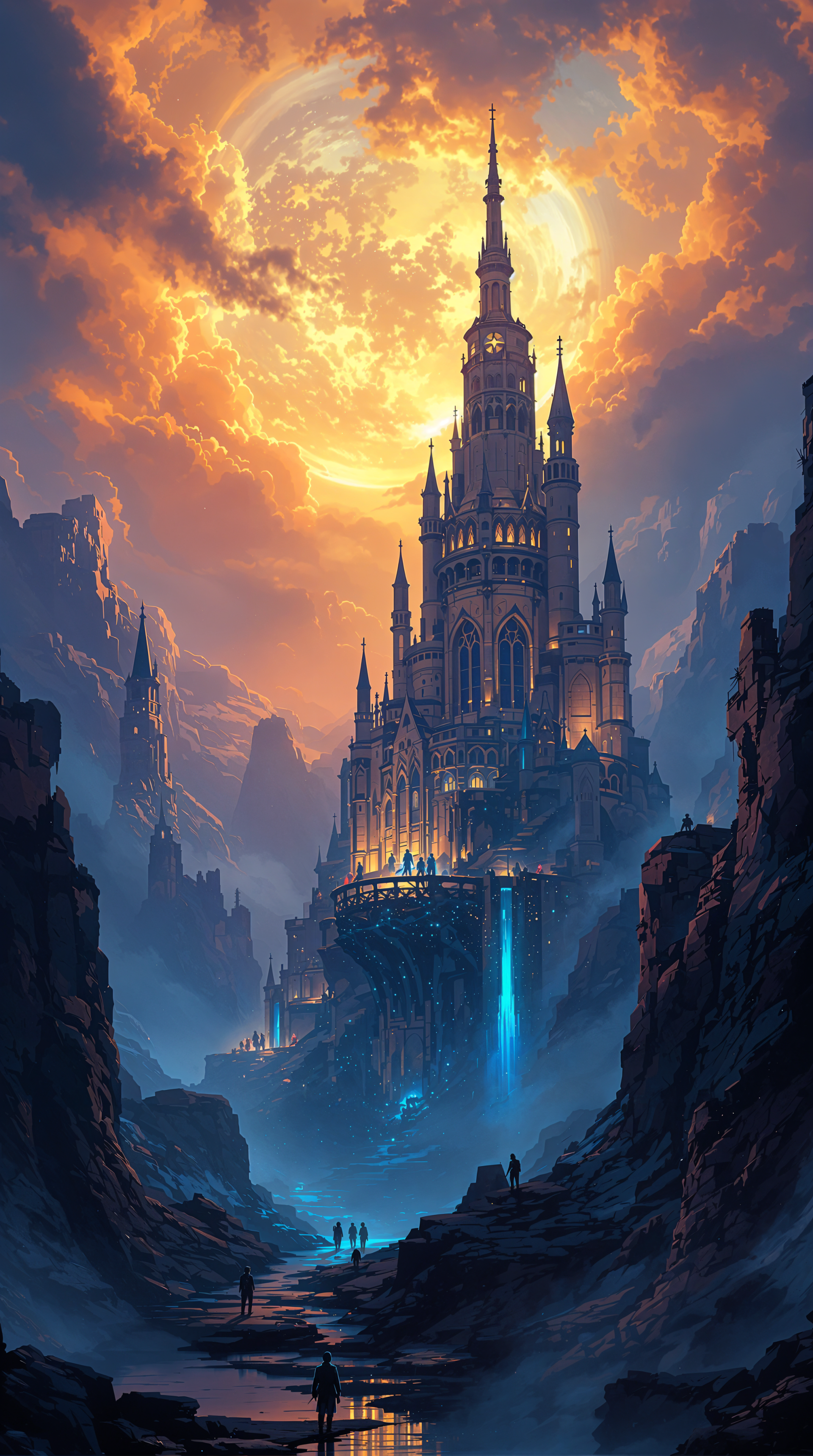 A majestic dark fantasy castle rises amidst rocky cliffs under a glowing orange moon, surrounded by misty valleys and shadows, creating an enchanting phone wallpaper scene.
