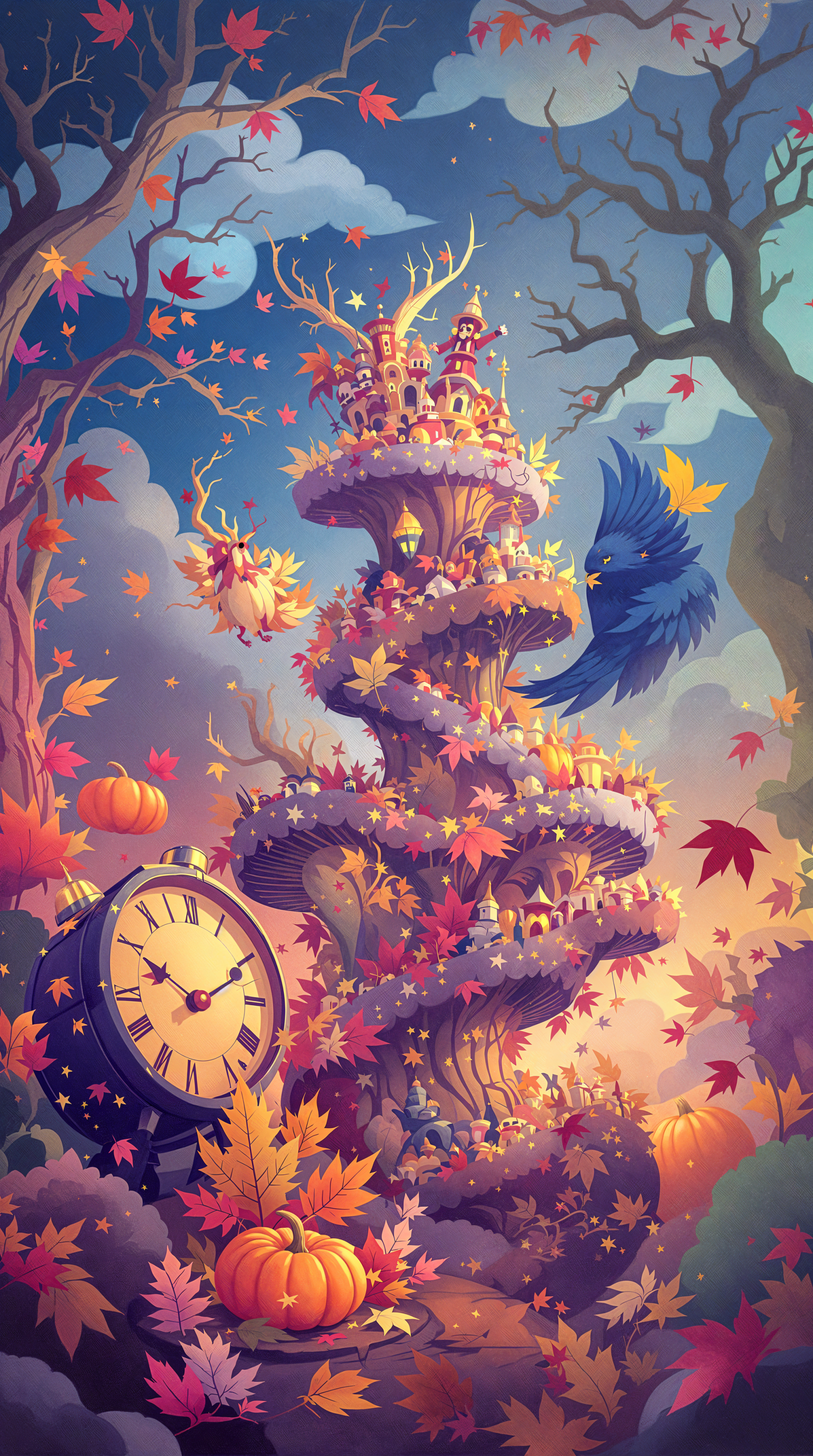 A whimsical phone wallpaper featuring a spiral tree adorned with colorful leaves, a clock, small houses, and a blue bird, all set against a magical autumn landscape.