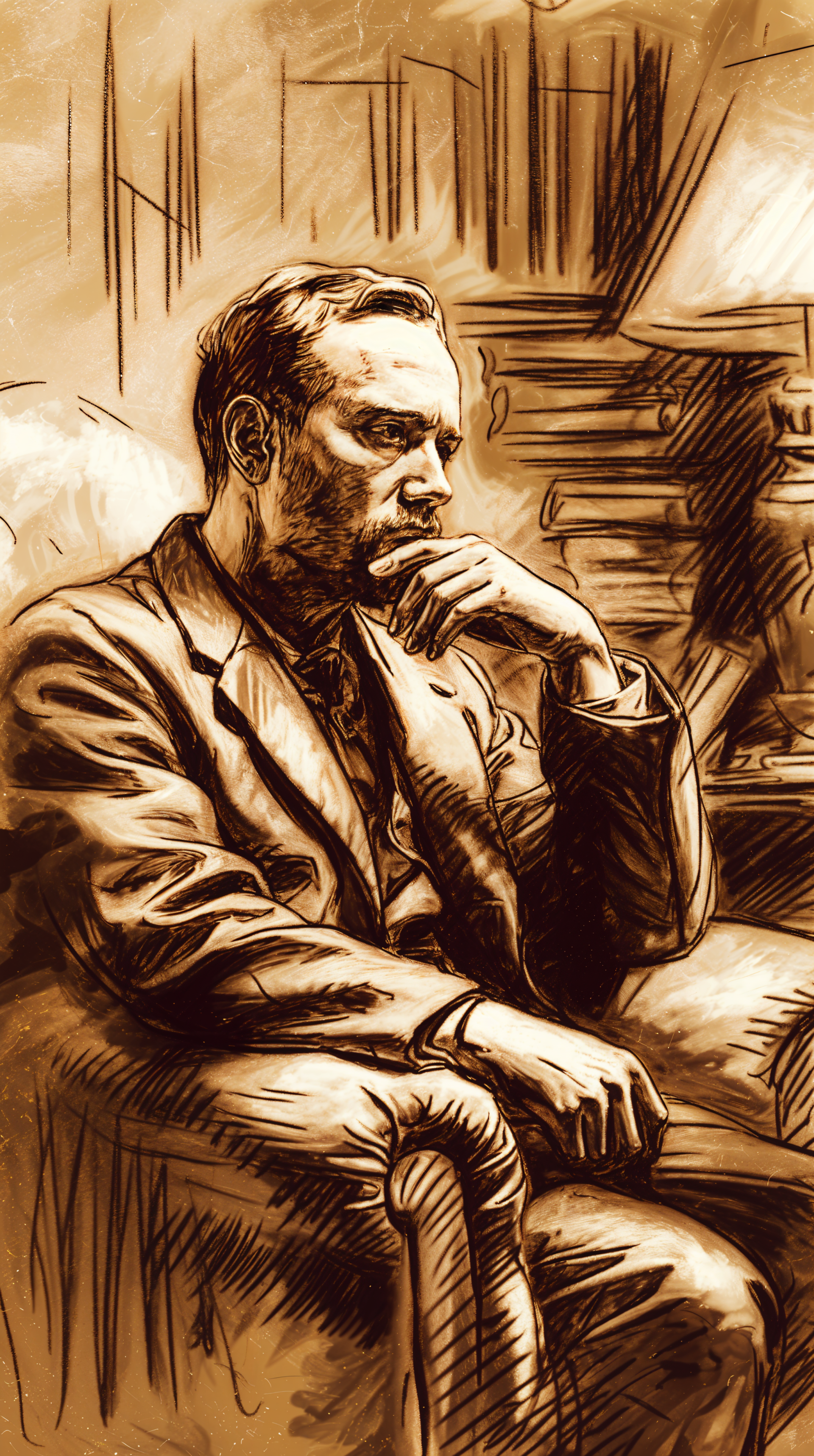 A contemplative figure in a vintage suit sits thoughtfully in an armchair, surrounded by stacks of books, evoking a sense of deep reflection. This image serves as a phone wallpaper themed around thinking.