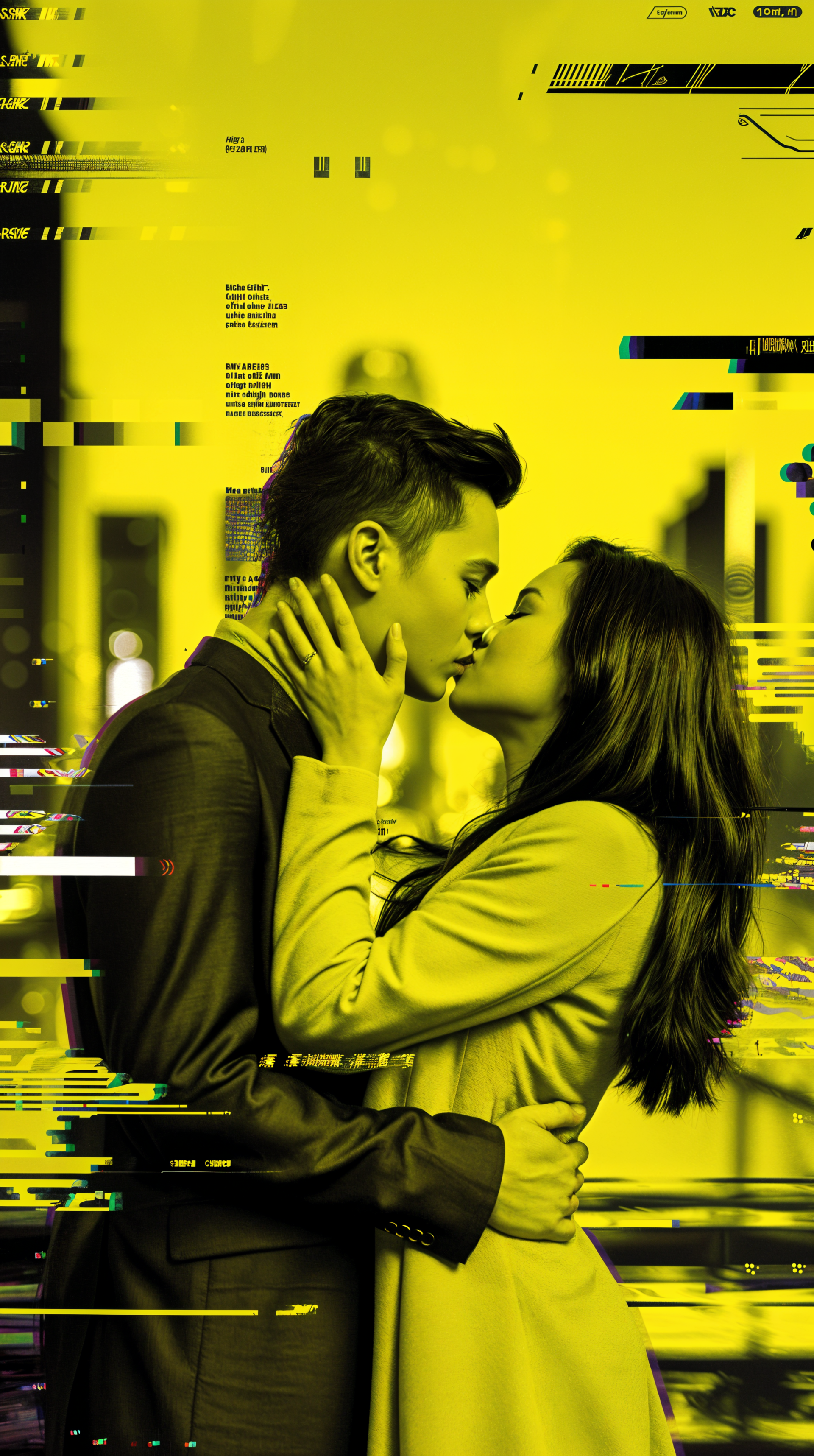 A couple shares a tender kiss, surrounded by a vibrant yellow backdrop with glitch art effects, making it a captivating phone wallpaper.