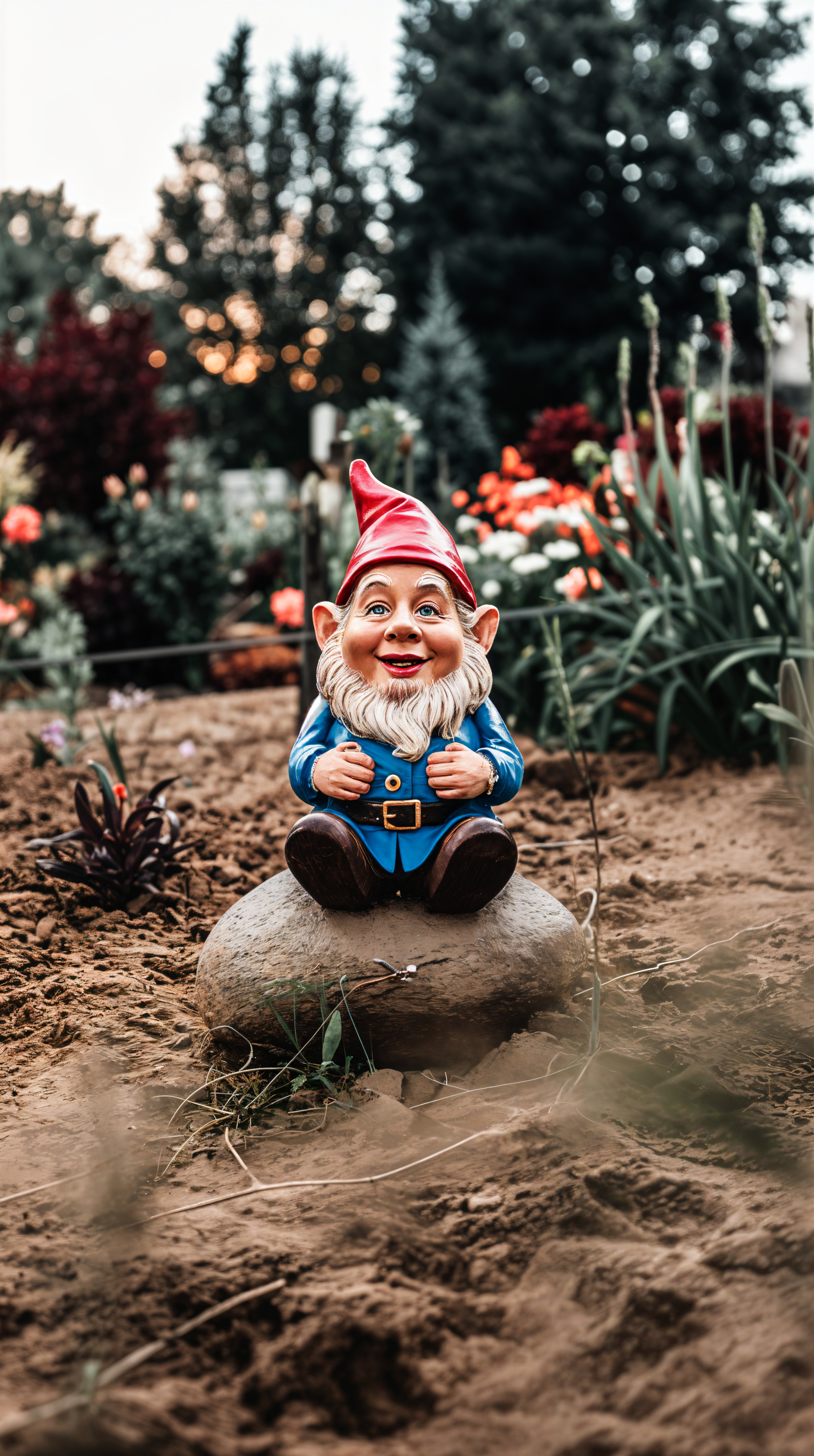 Phone wallpaper featuring a colorful garden gnome sitting on a rock amidst outdoor decor, vibrant flowers, and lush landscaping, designed for both iPhone and Android screens.