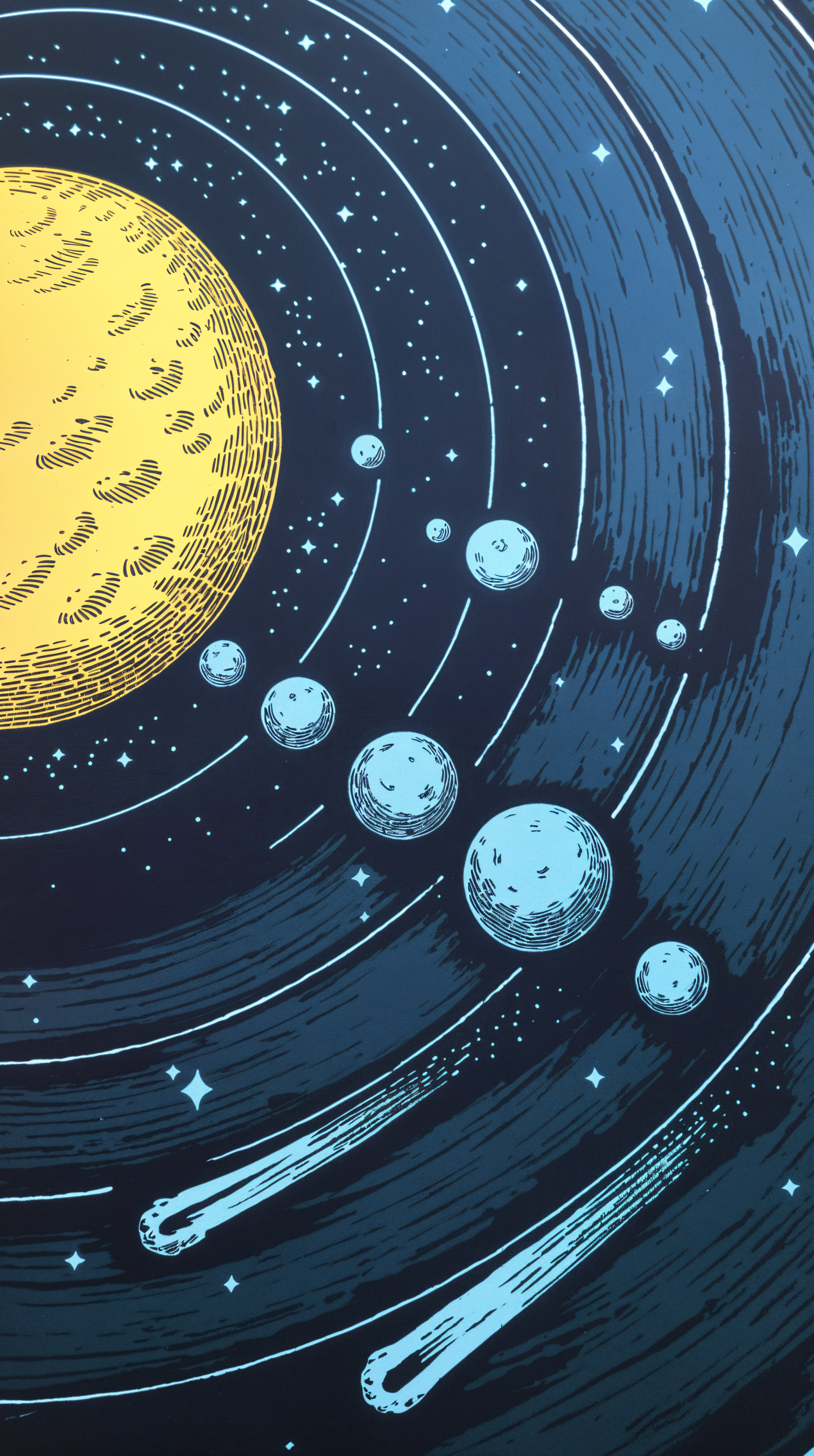 A vibrant phone wallpaper depicting the solar system, featuring a large yellow sun surrounded by planets and comets against a dark cosmic background.