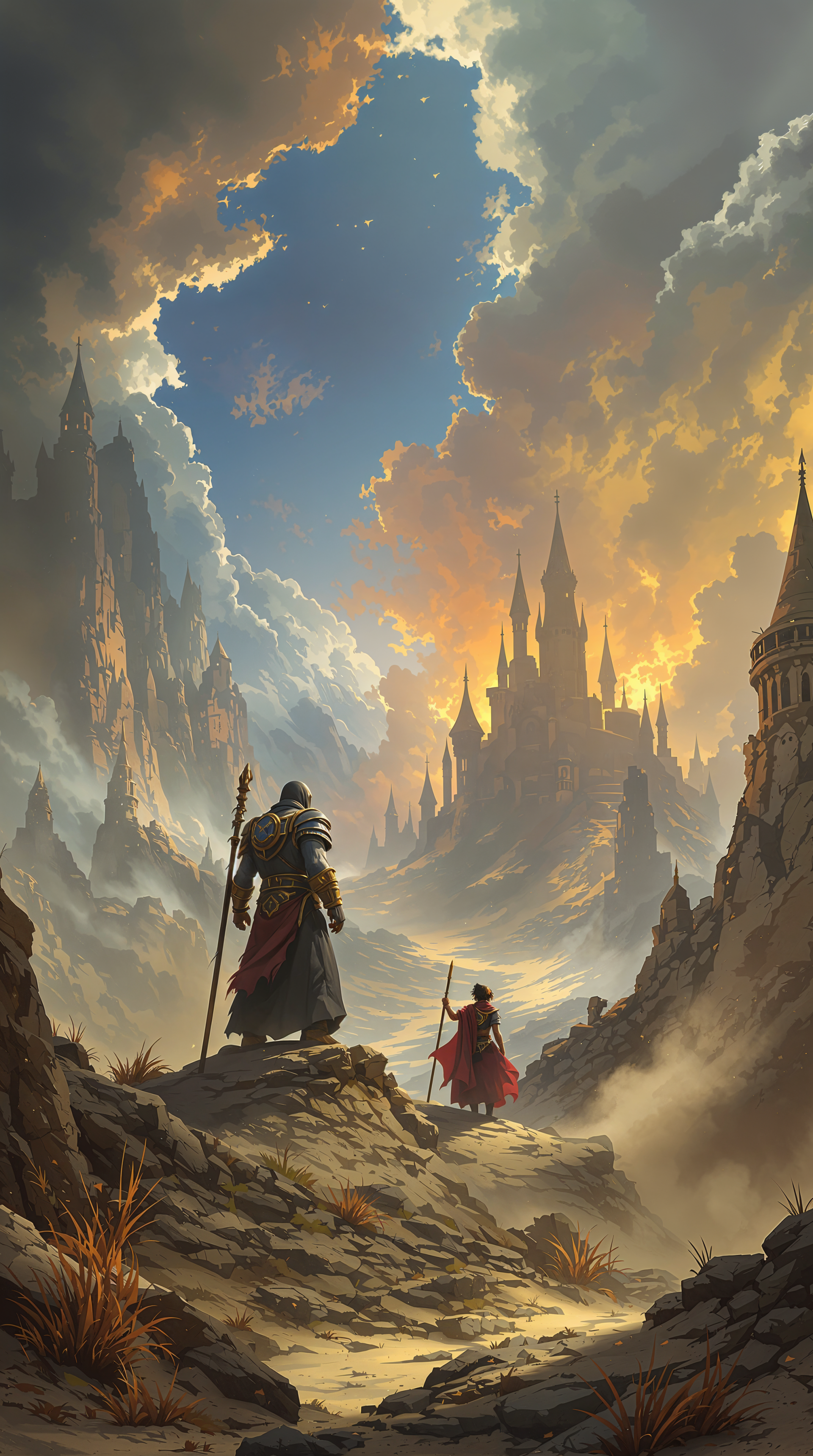 A dramatic fantasy landscape featuring two figures in cloaks, standing on a rocky path, overlooking a grand castle surrounded by towering mountains and vibrant, cloud-filled skies.