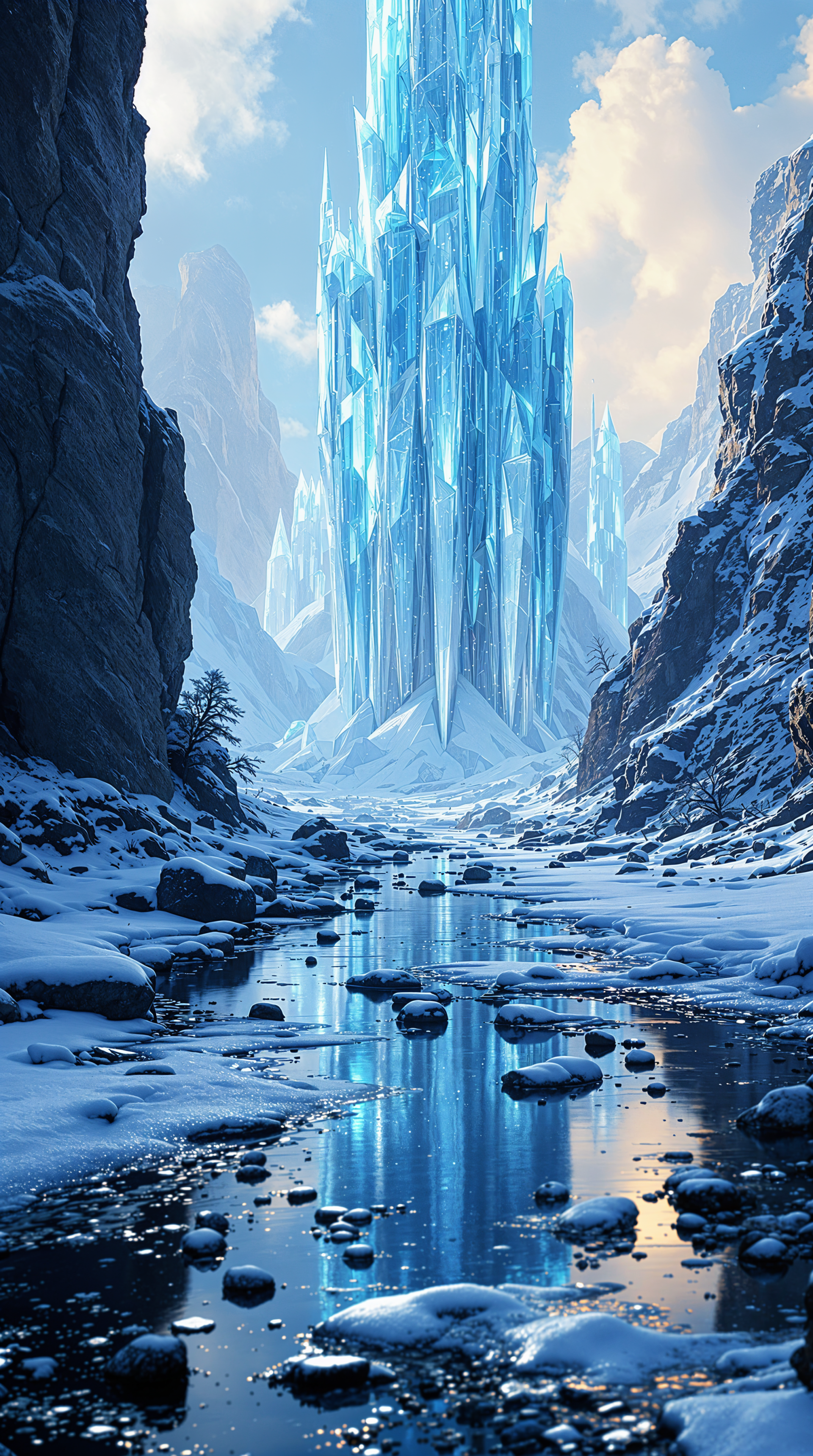 Phone wallpaper showing a winter river flowing through snowy mountains toward a towering crystal ice formation under a bright sky.