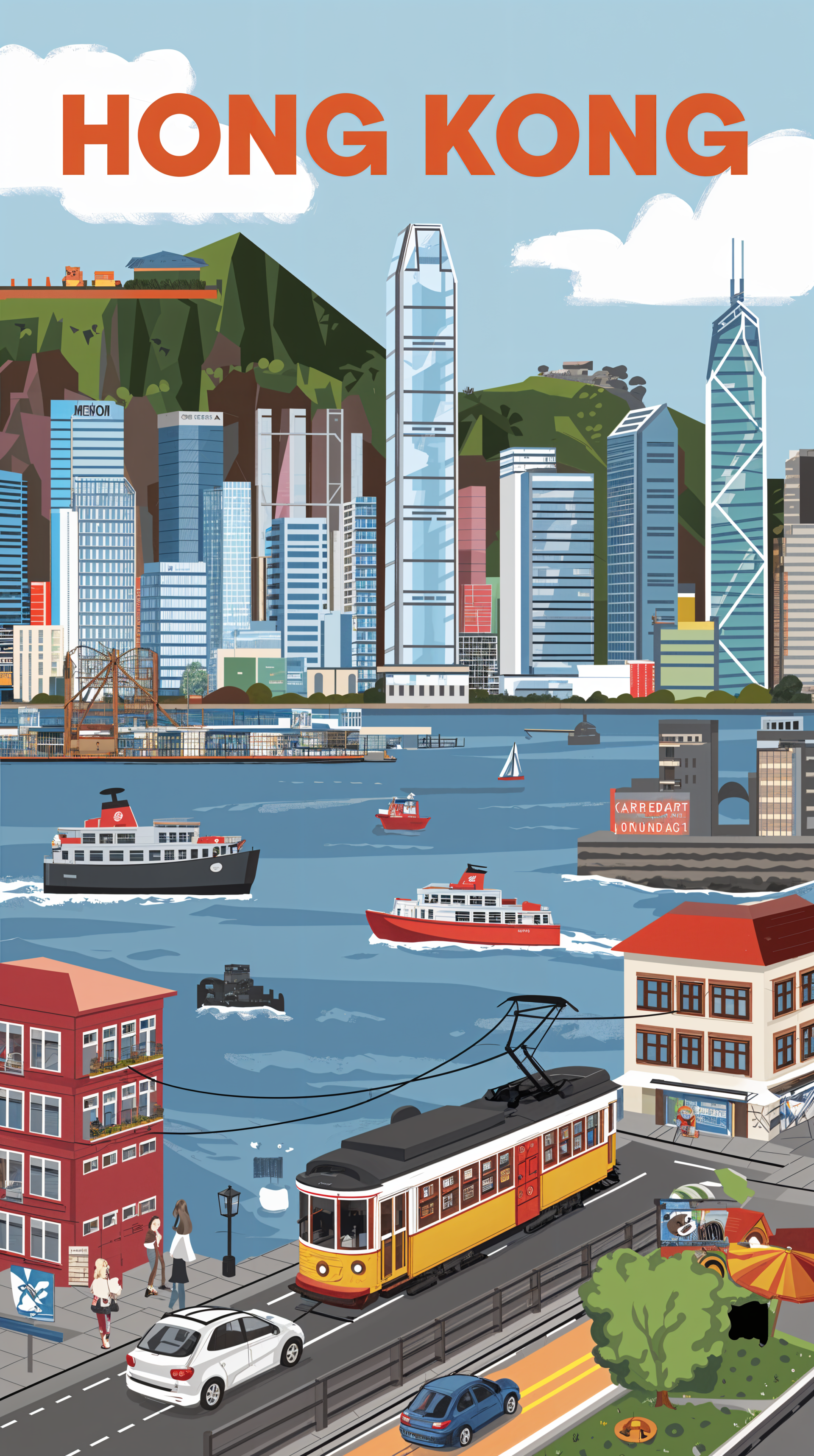 Phone wallpaper featuring Hong Kong’s vibrant port, city skyline, harbor with boats, and a classic tram crossing urban streets under a blue sky.