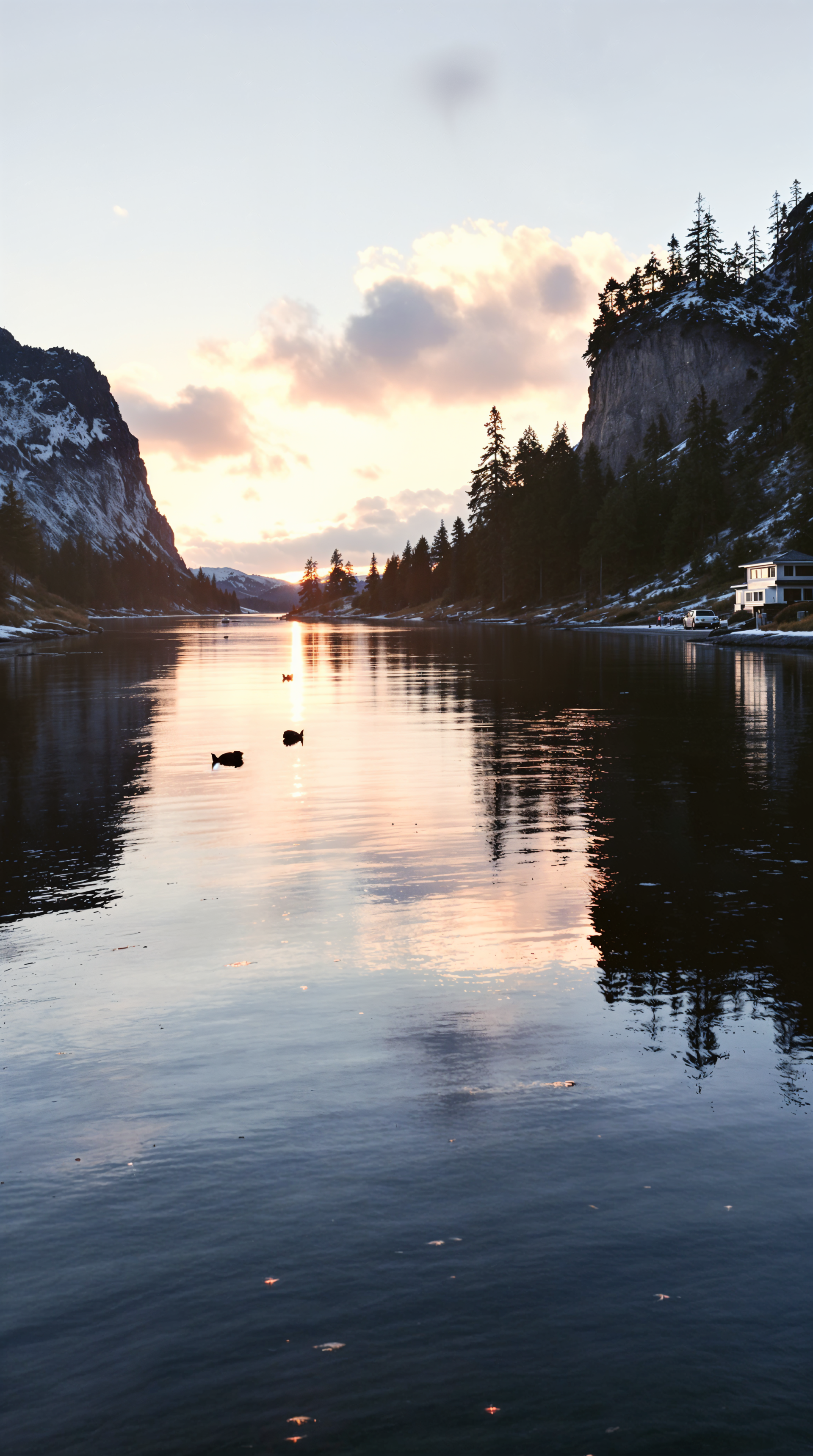 A tranquil Scandinavian landscape featuring a serene river reflecting the sunset, flanked by towering cliffs and trees, creating a peaceful phone wallpaper scene.