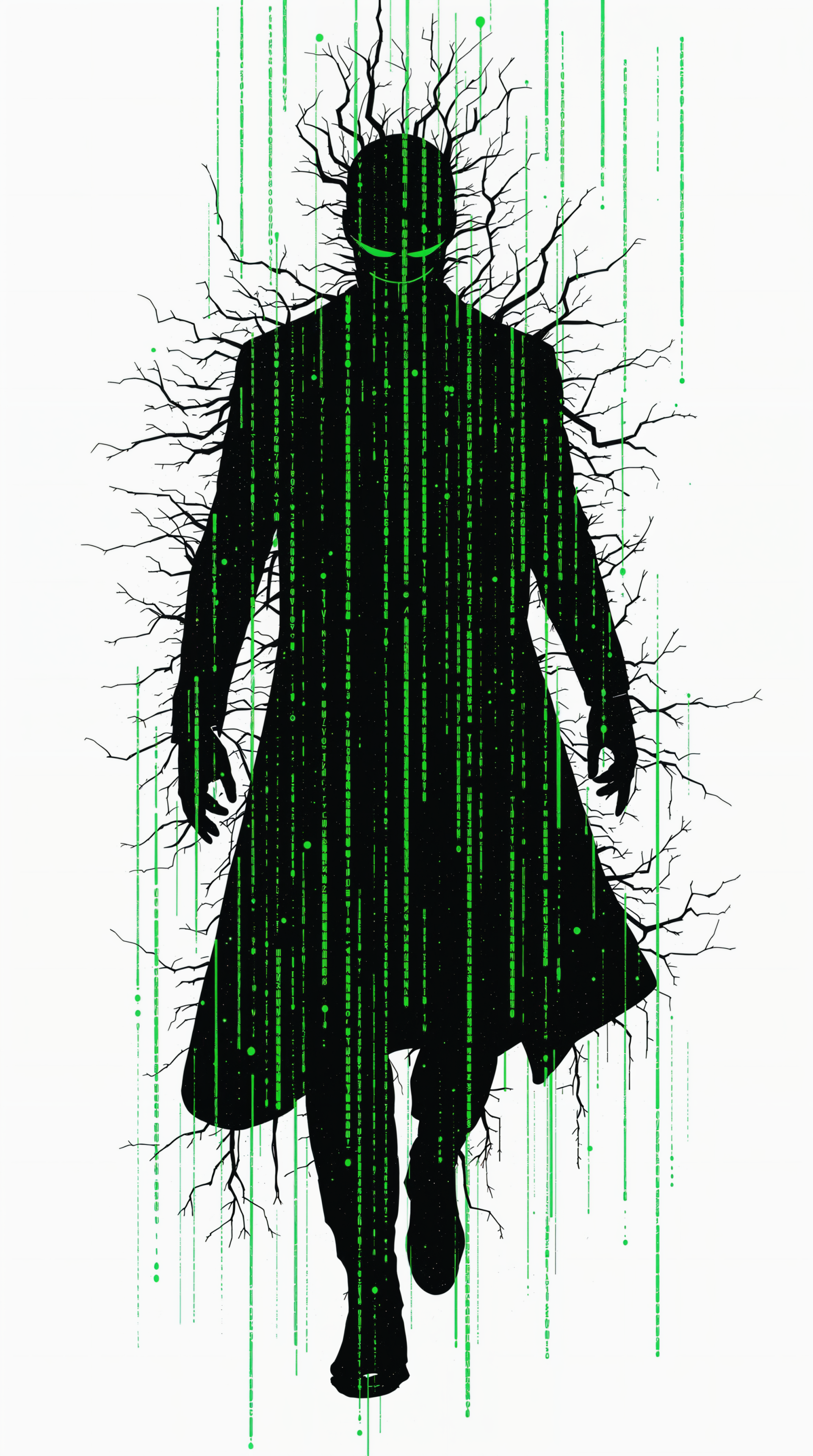 A striking phone wallpaper featuring a silhouetted figure in a long coat, surrounded by green matrix code and abstract lines, evoking a sense of digital mystique.