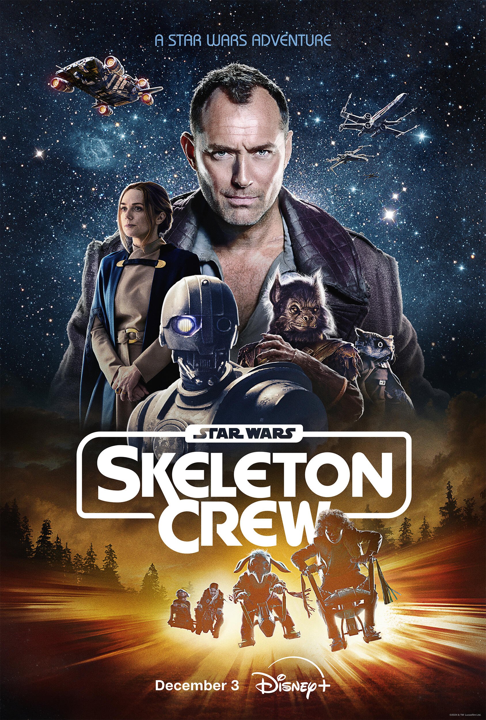 A dramatic poster for the TV show Star Wars: Skeleton Crew, featuring key characters amidst a cosmic backdrop, highlighting their adventurous journey. Premiering December 3 on Disney+.
